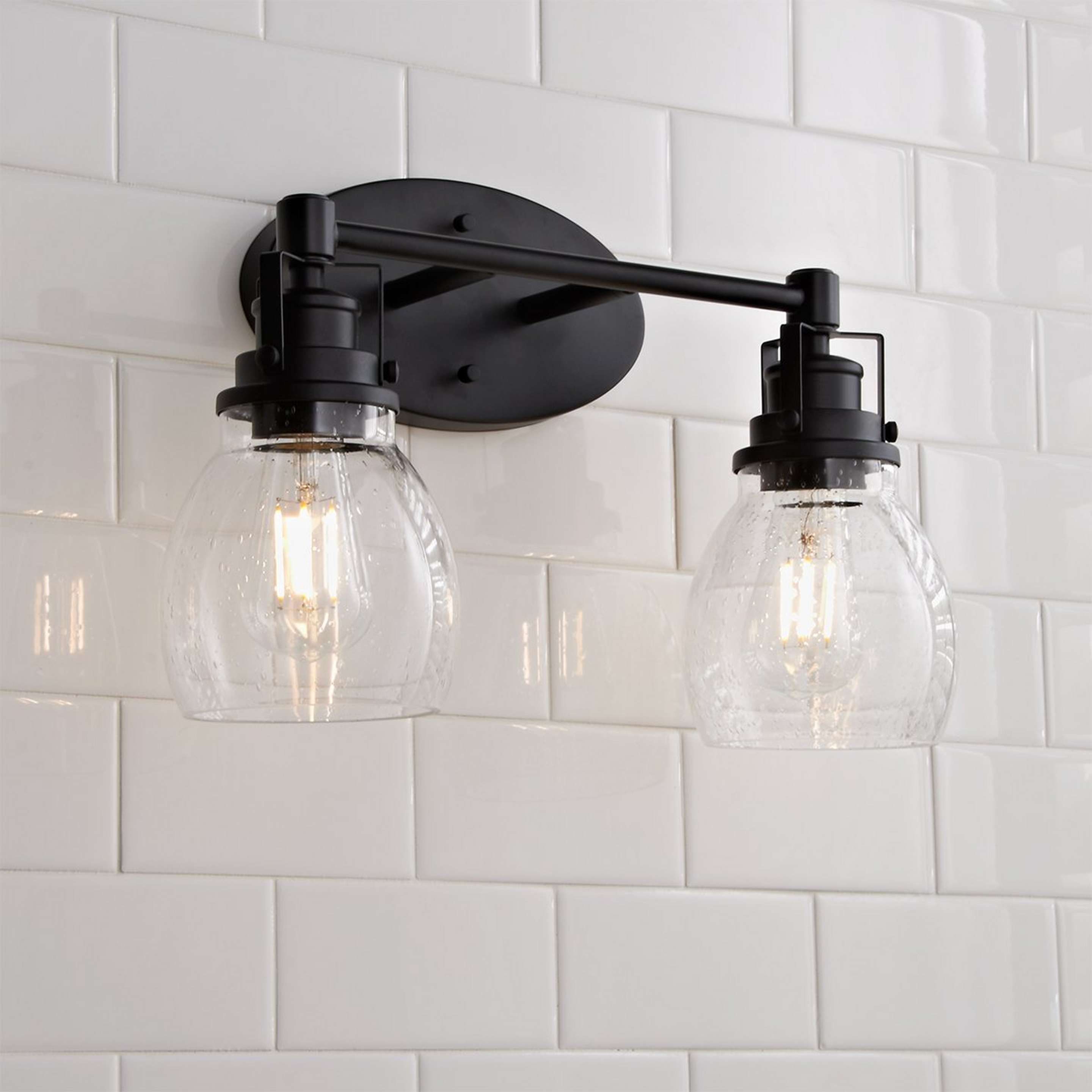 A Soft Seeded Vanity Light - 2 Light with Matte Black / Seeded Glass color