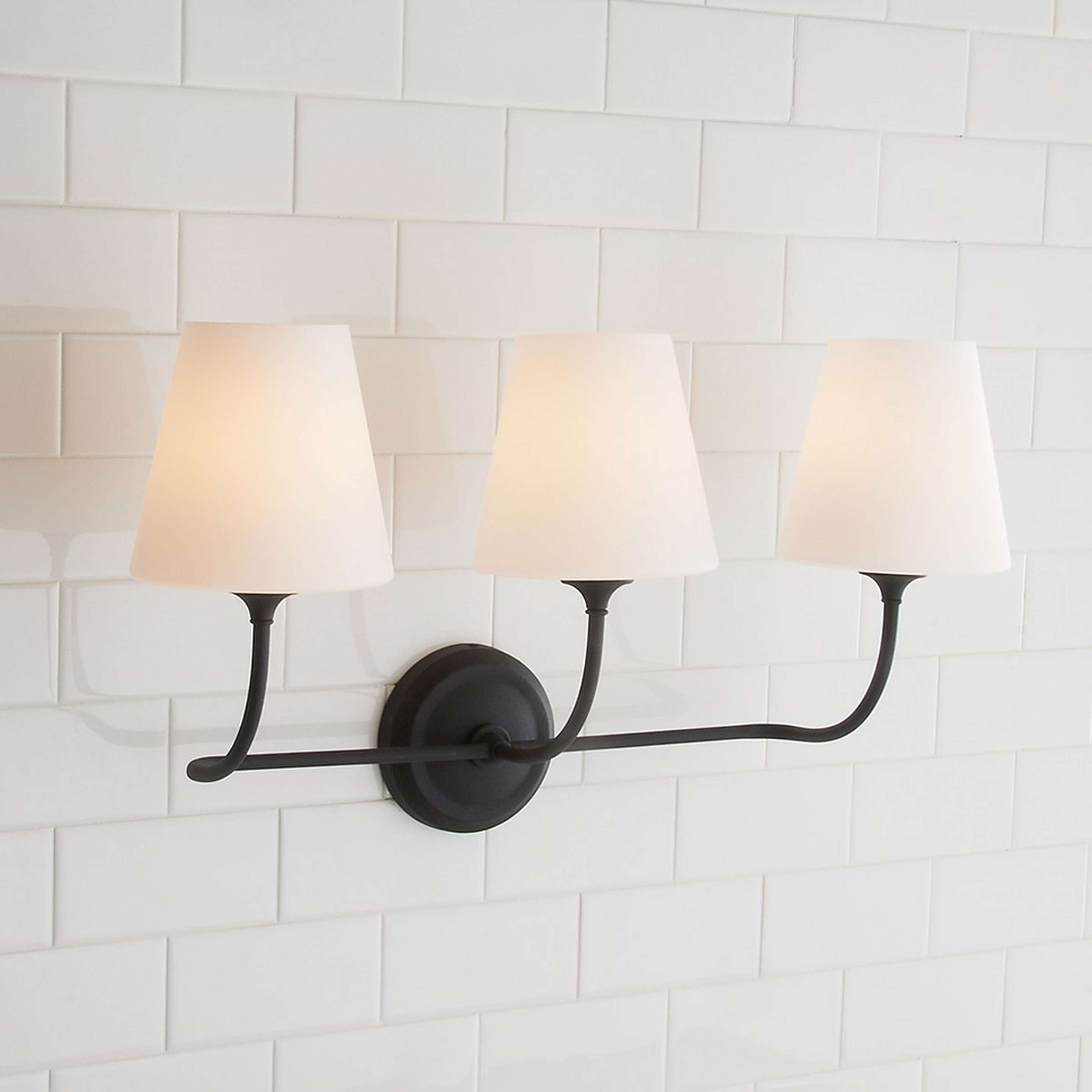 A Modern Charleston Vanity Light - 3 Light with Forged Black / Milk Glass color