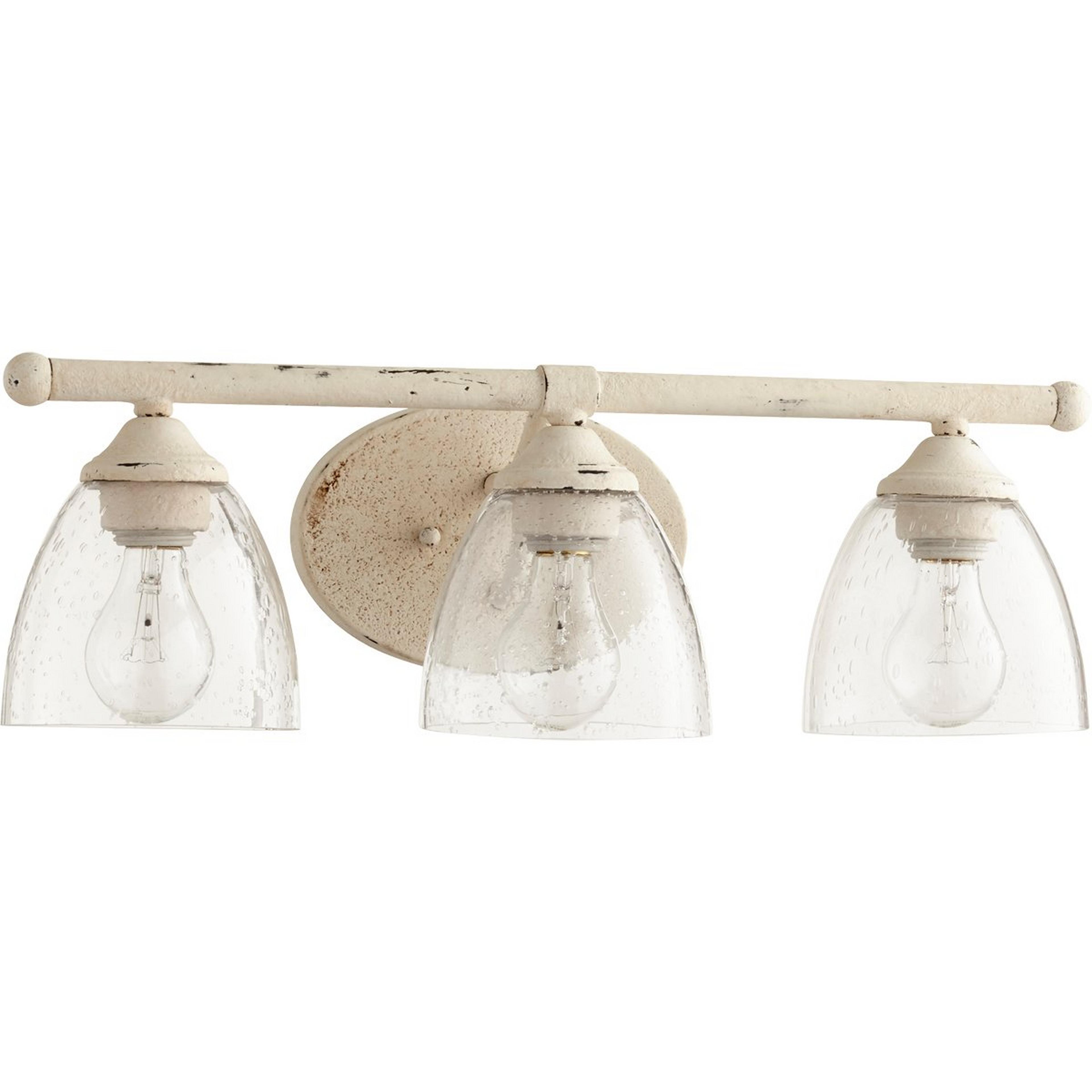 A Kenzie Vanity Light- 3 Light with Distressed White / Seedy Glass color
