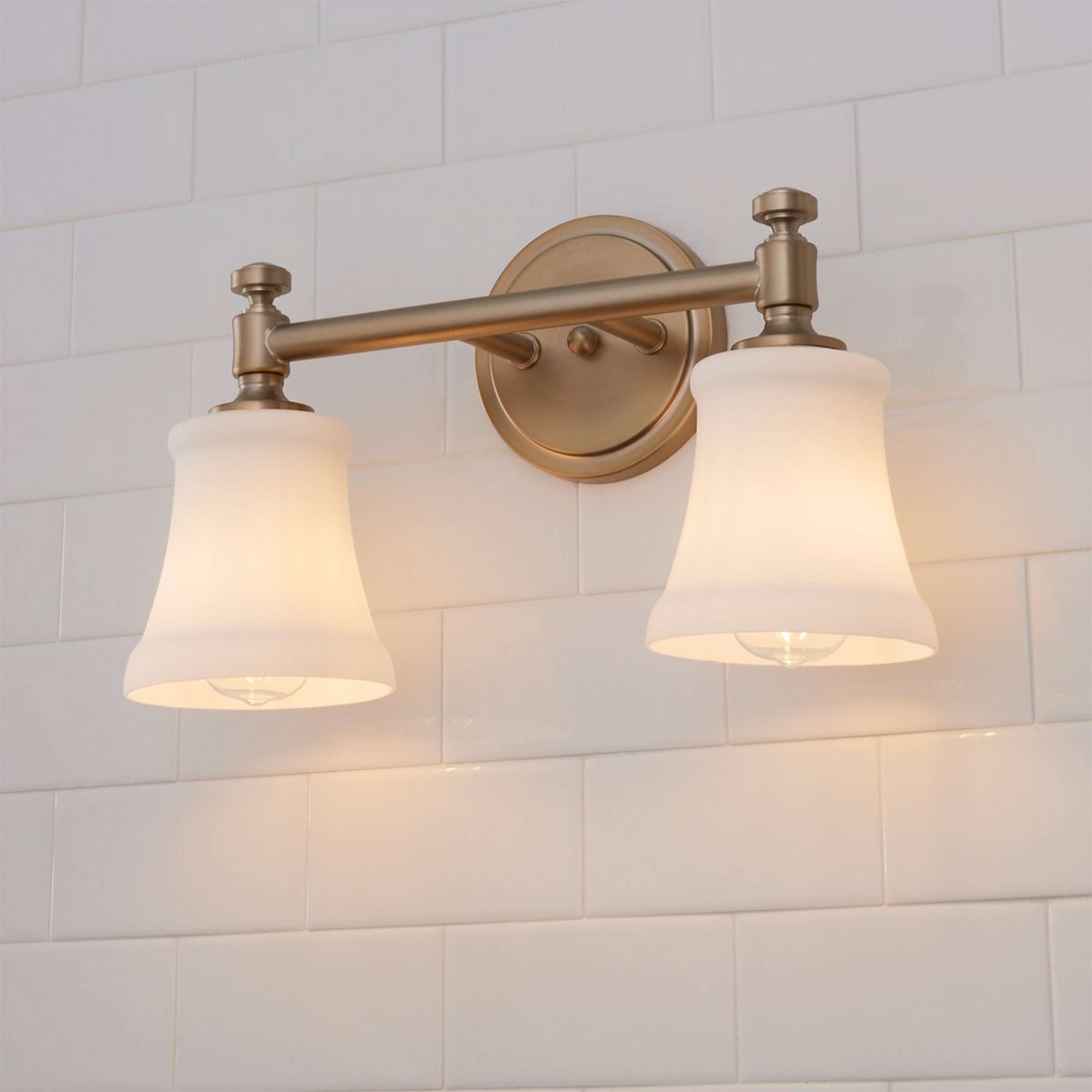 A Mercer White Glass Vanity Light - 2 Light with Aged Brass / Opal color