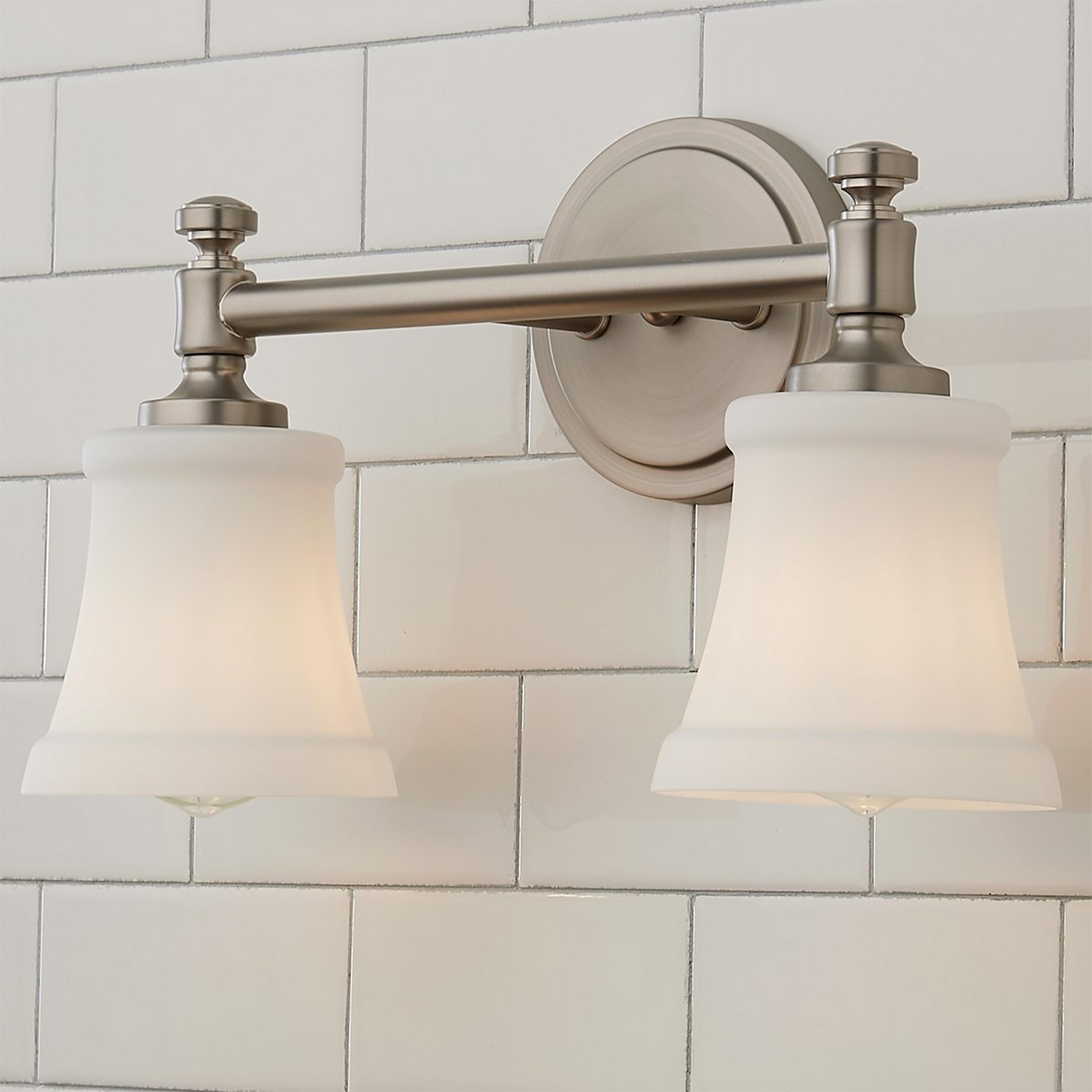A Mercer White Glass Vanity Light - 2 Light with Satin Nickel / Opal color