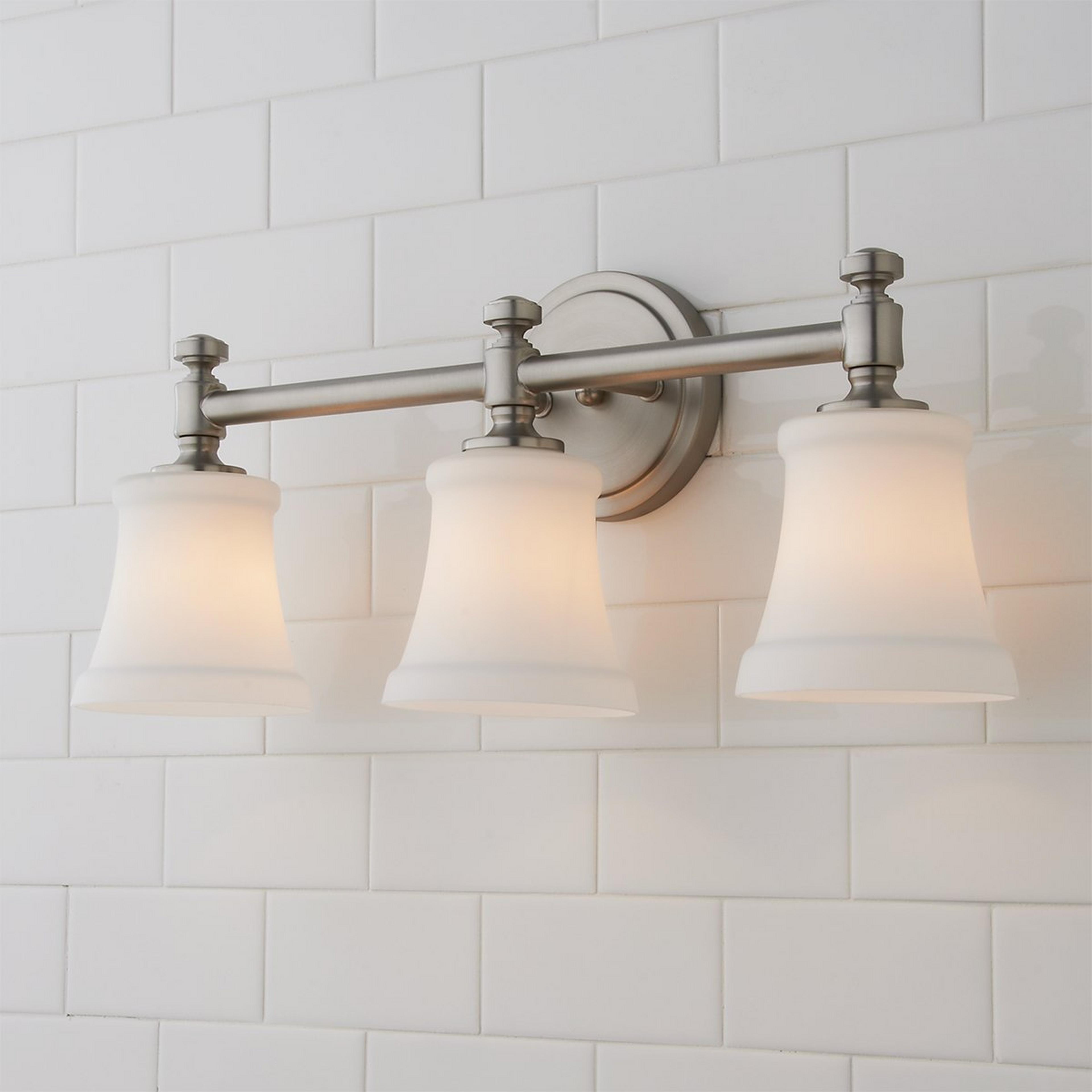 A Mercer White Glass Vanity Light - 3 Light with Satin Nickel / Opal color
