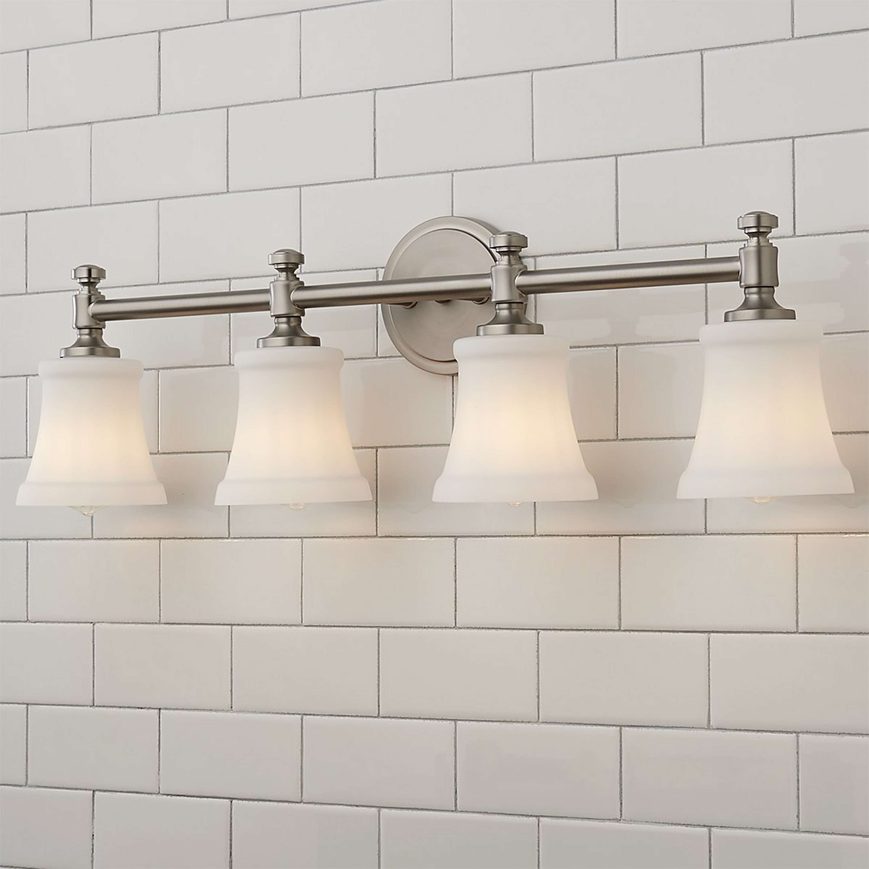 A Mercer White Glass Vanity Light - 4 Light with Satin Nickel / Opal color