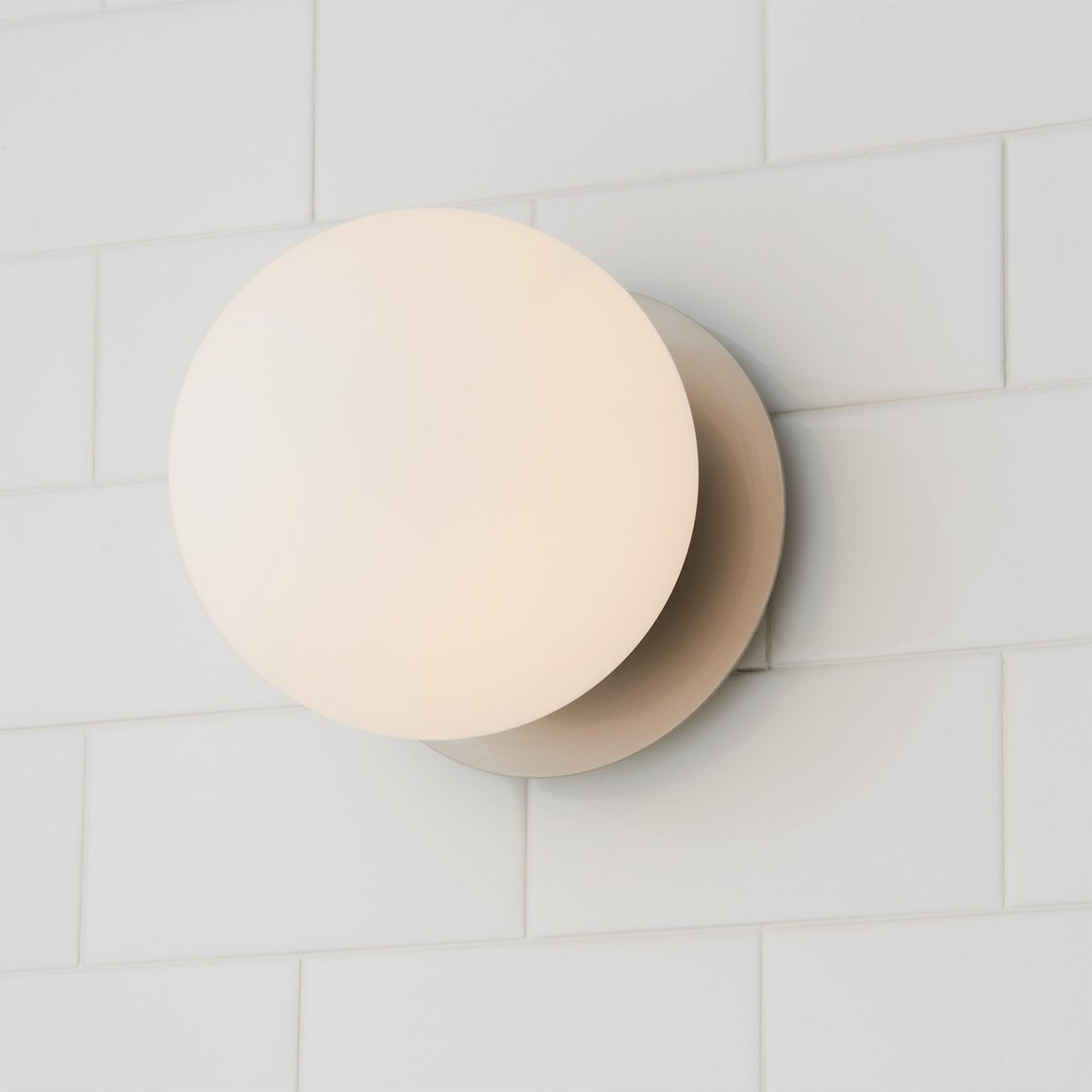 A Modern Milky Globe Bath Sconce with Satin Nickel / Opal color