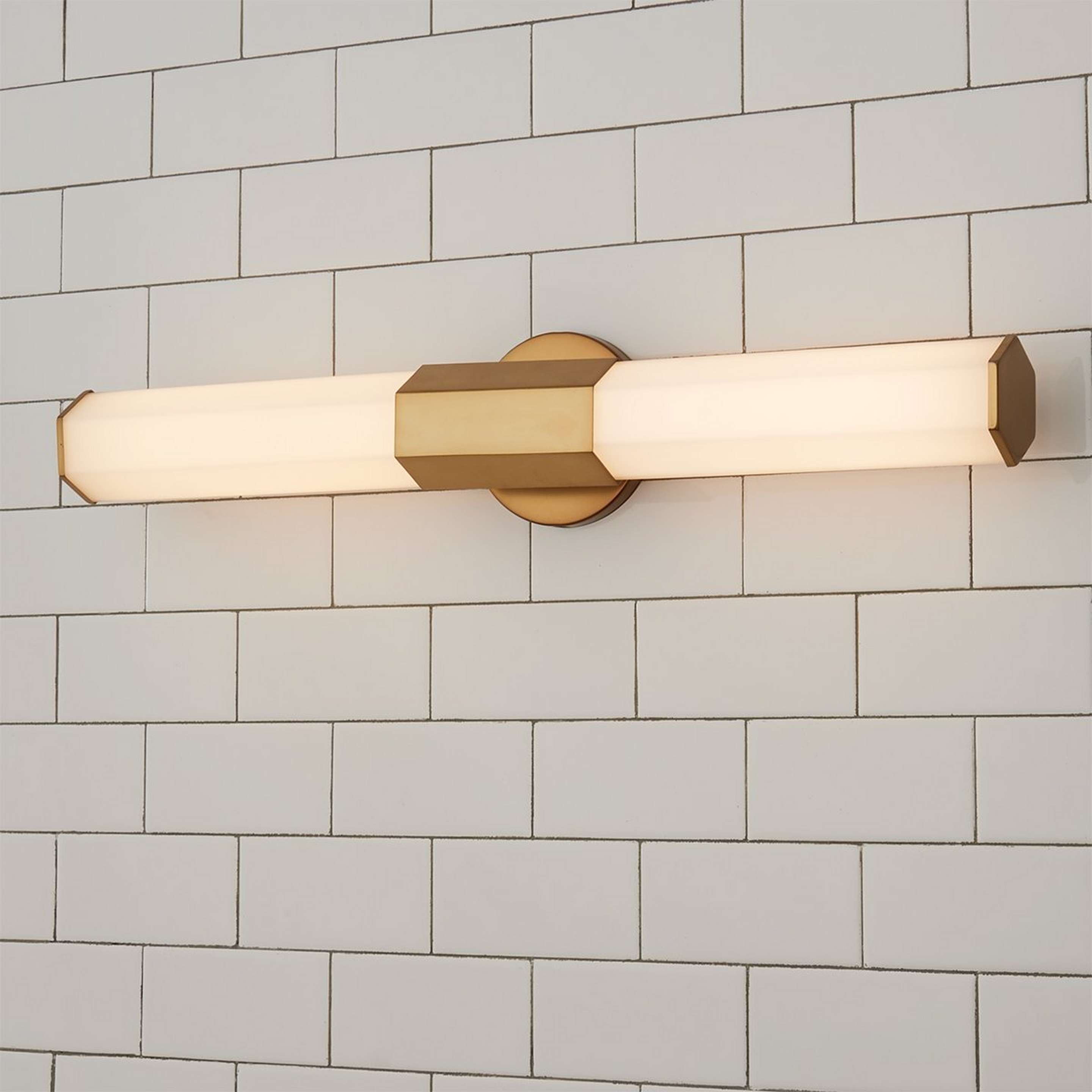 A Contemporary Hexagon LED Vanity Light - Small with Aged Brass color