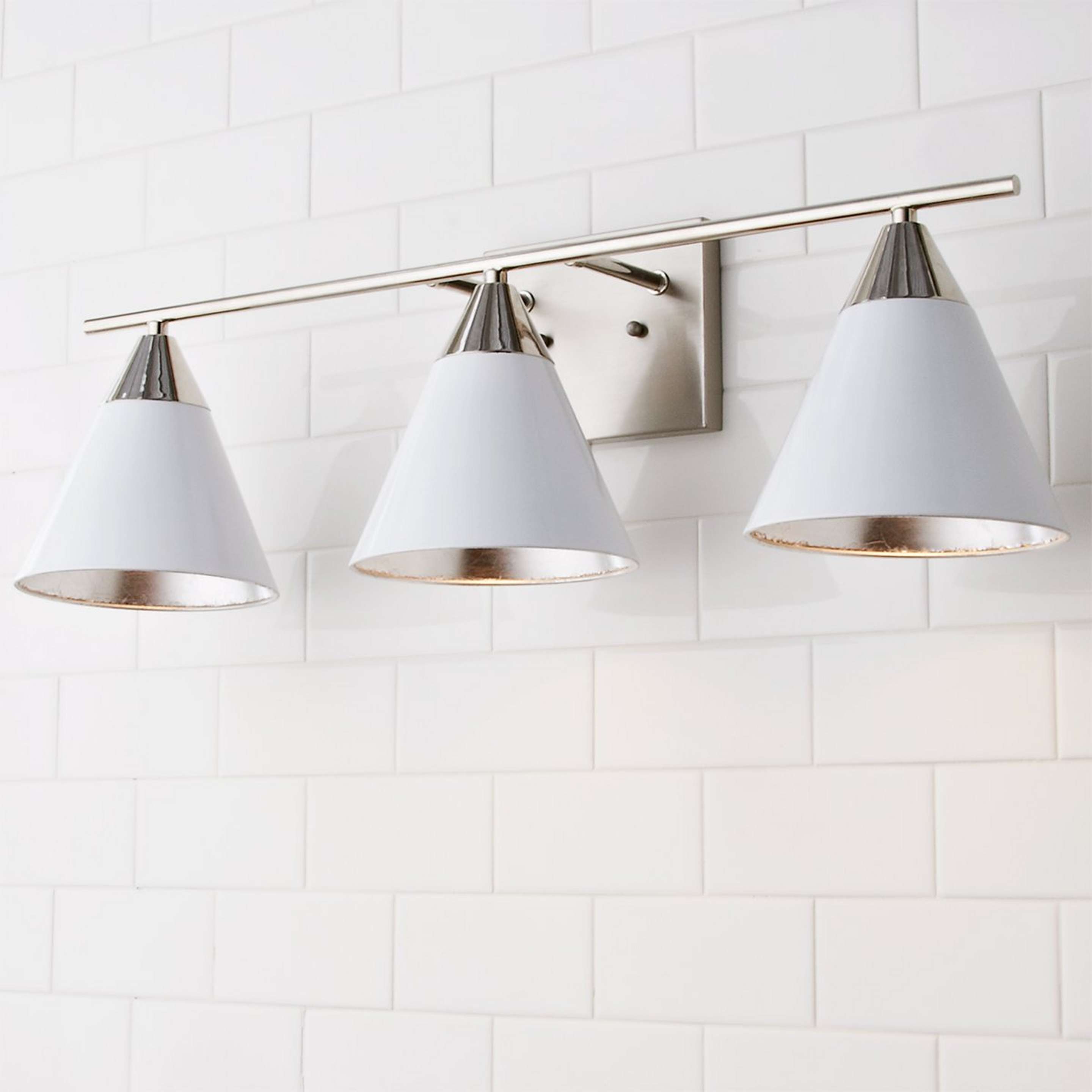 A Young House Love Clad Cone Vanity Light - 3 Light with Brushed Nickel / Chrome / White / Silver Leaf color