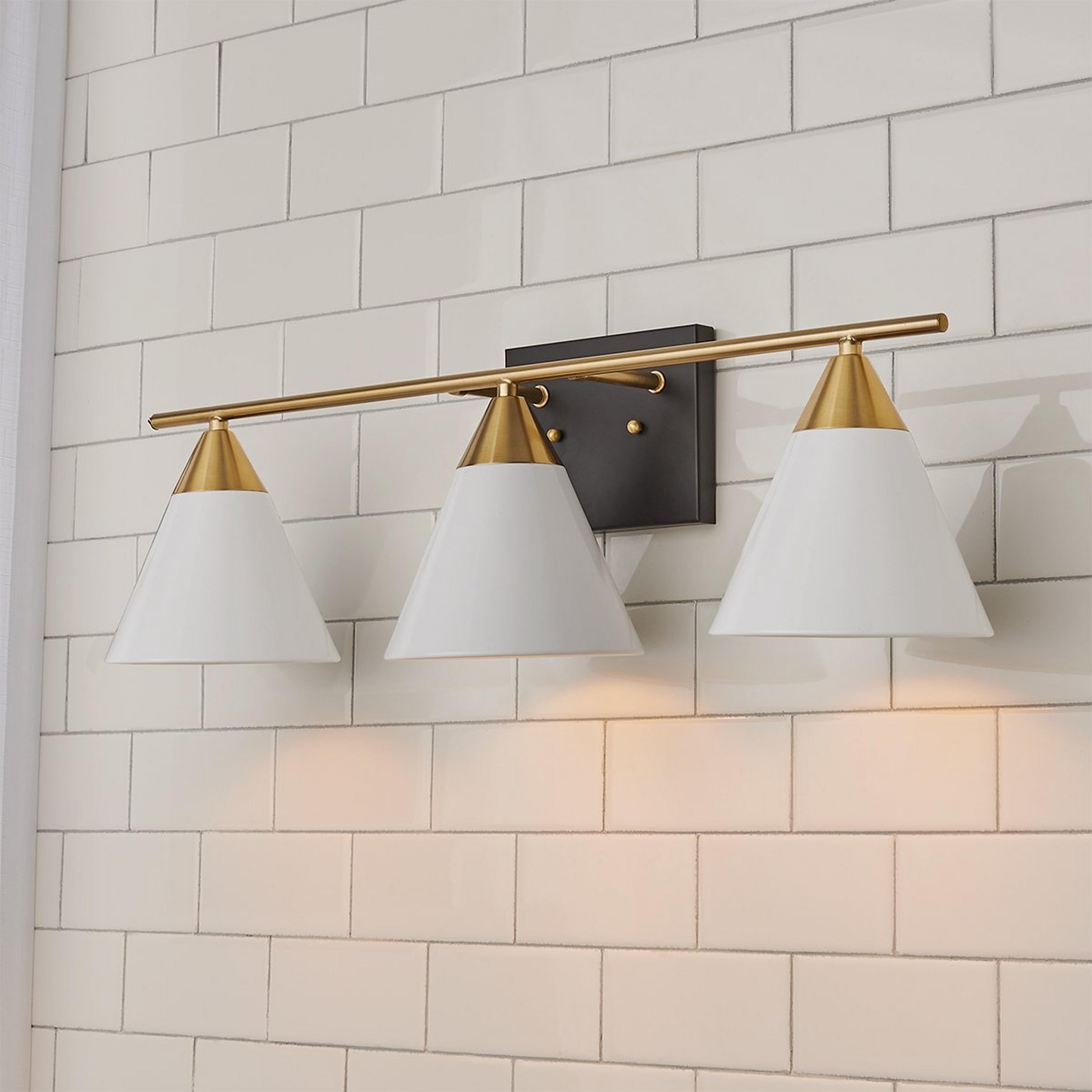 A Young House Love Clad Cone Vanity Light - 3 Light with Bronze / Brushed Brass / White / Gold Leaf color