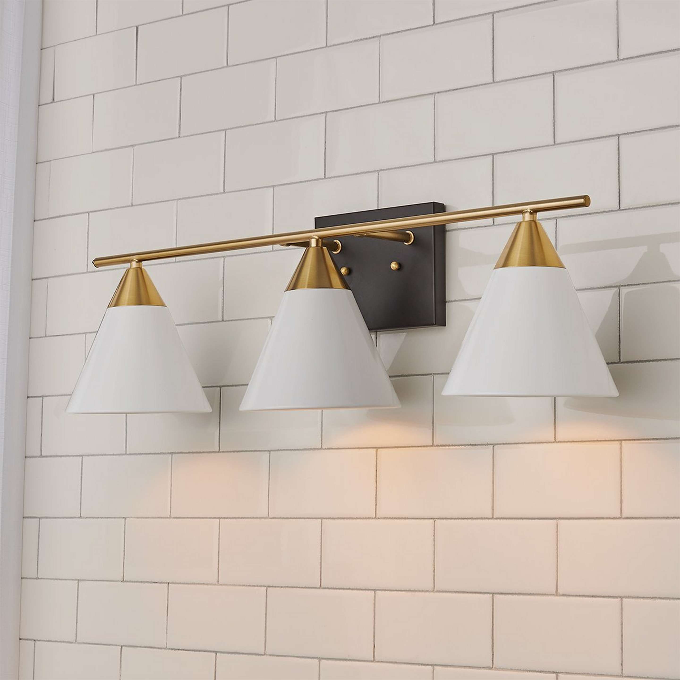A Young House Love Clad Cone Vanity Light - 3 Light with Bronze / Brushed Brass / White / Gold Leaf color