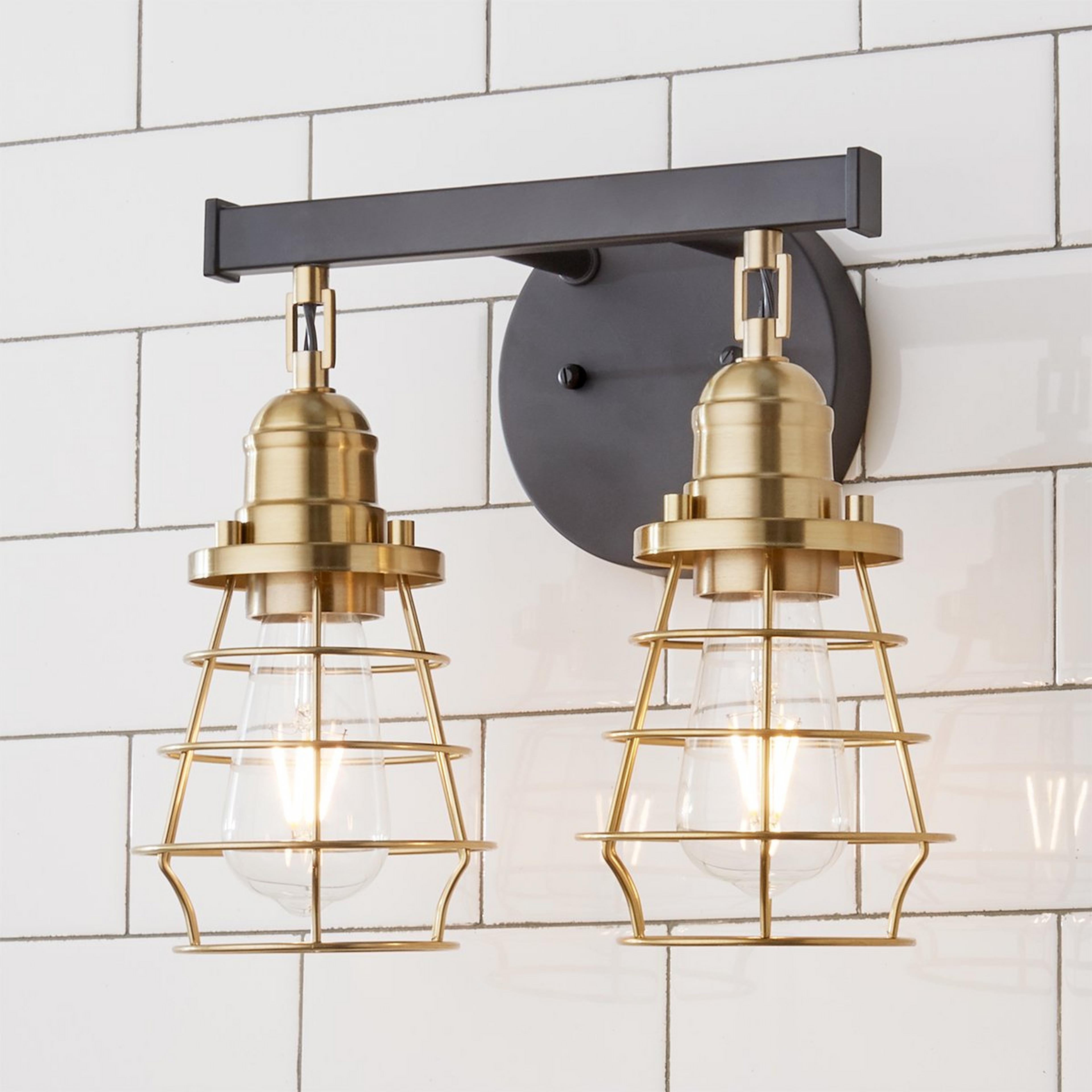 A Hanging Cage Vanity Light - 2 Light with Black / Satin Brass color