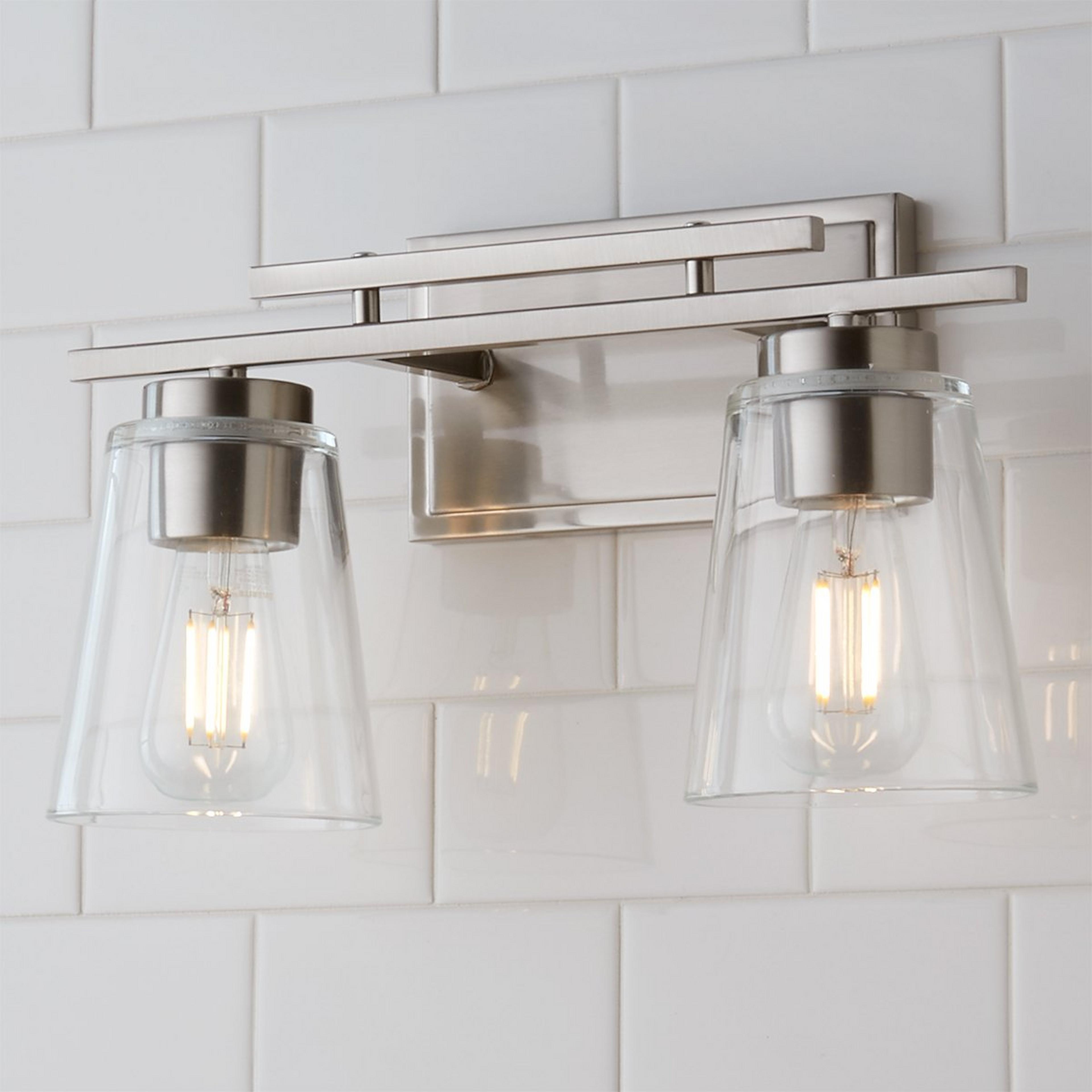 A T Bar Taper Vanity Light - 2 Light with Satin Nickel / Clear color