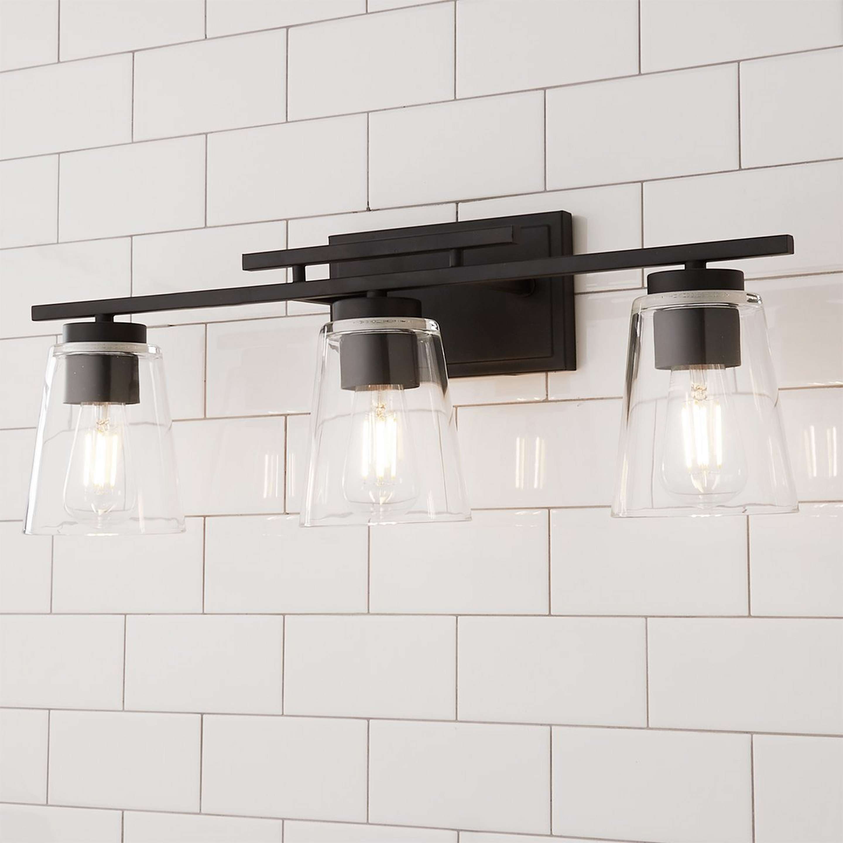 A T Bar Taper Vanity Light - 3 Light with Black / Clear color