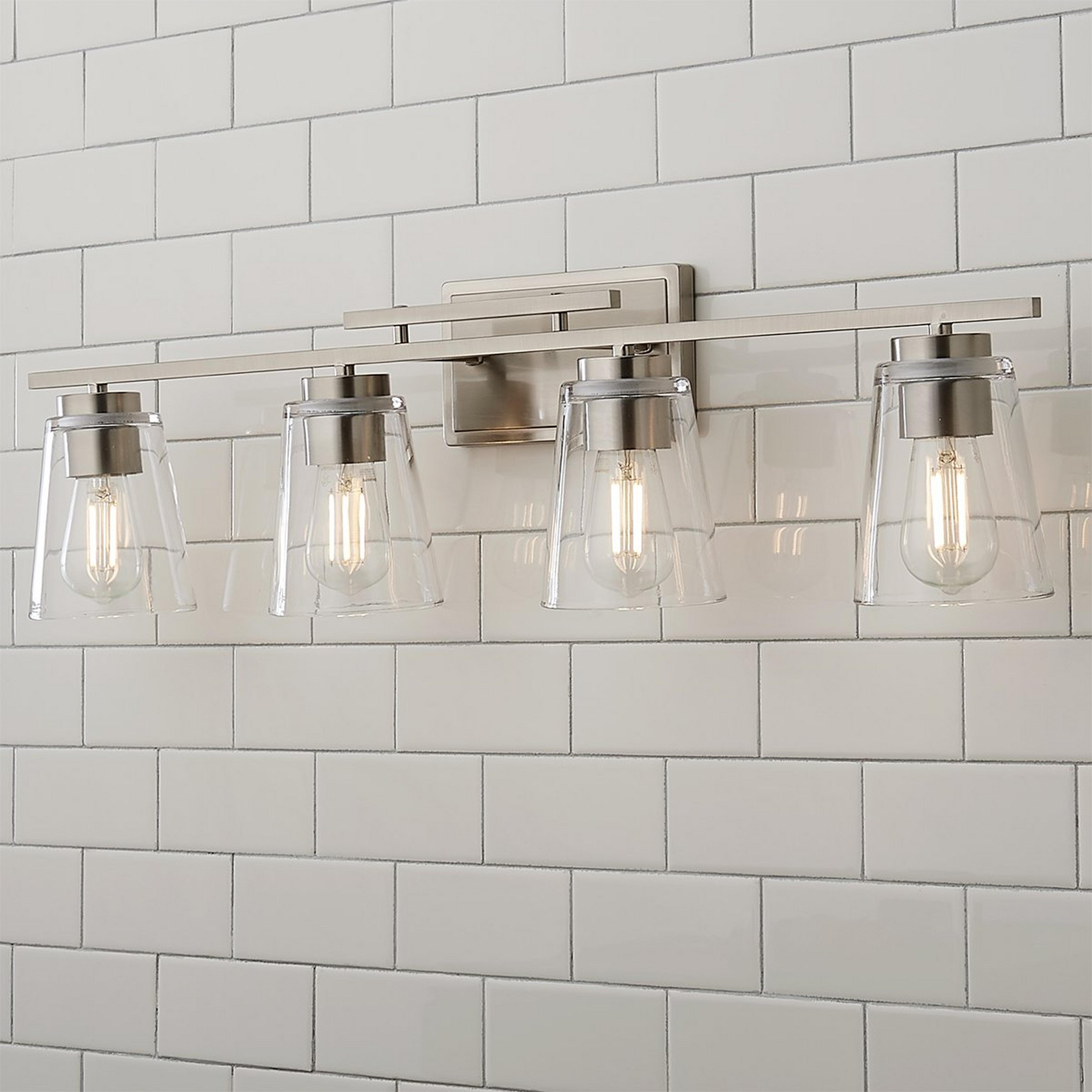 A T Bar Taper Vanity Light - 4 Light with Satin Nickel / Clear color