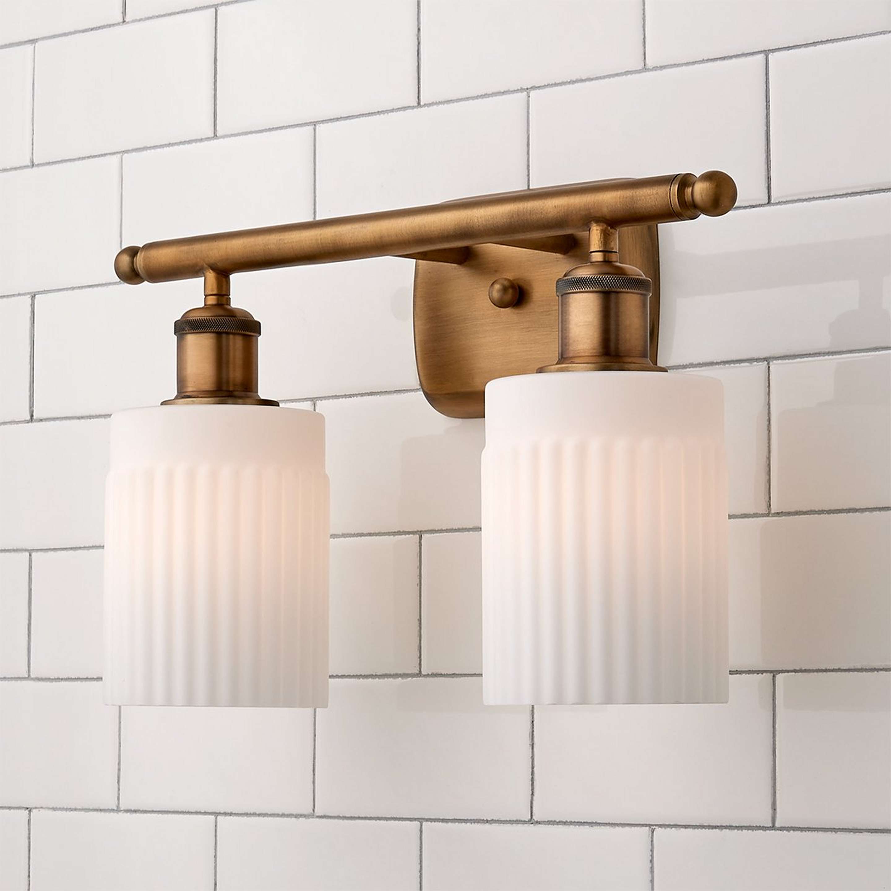 A Ridged Austin Opal Glass Vanity Light - 2 Light with Brushed Brass / Opal Glass color