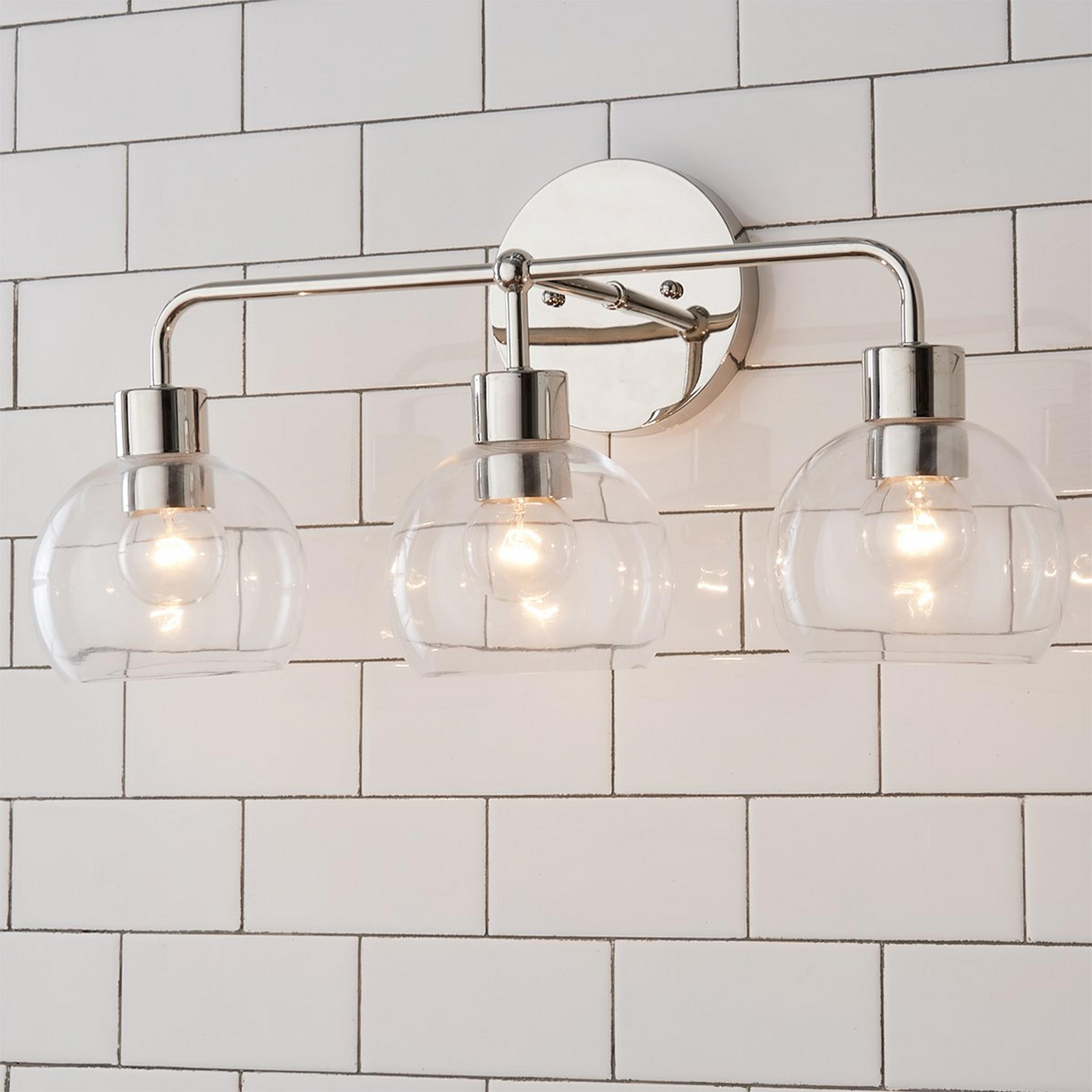 A Young House Love Clear Glass Bubble Vanity Light - 3 Light with Polished Nickel / Clear Glass color