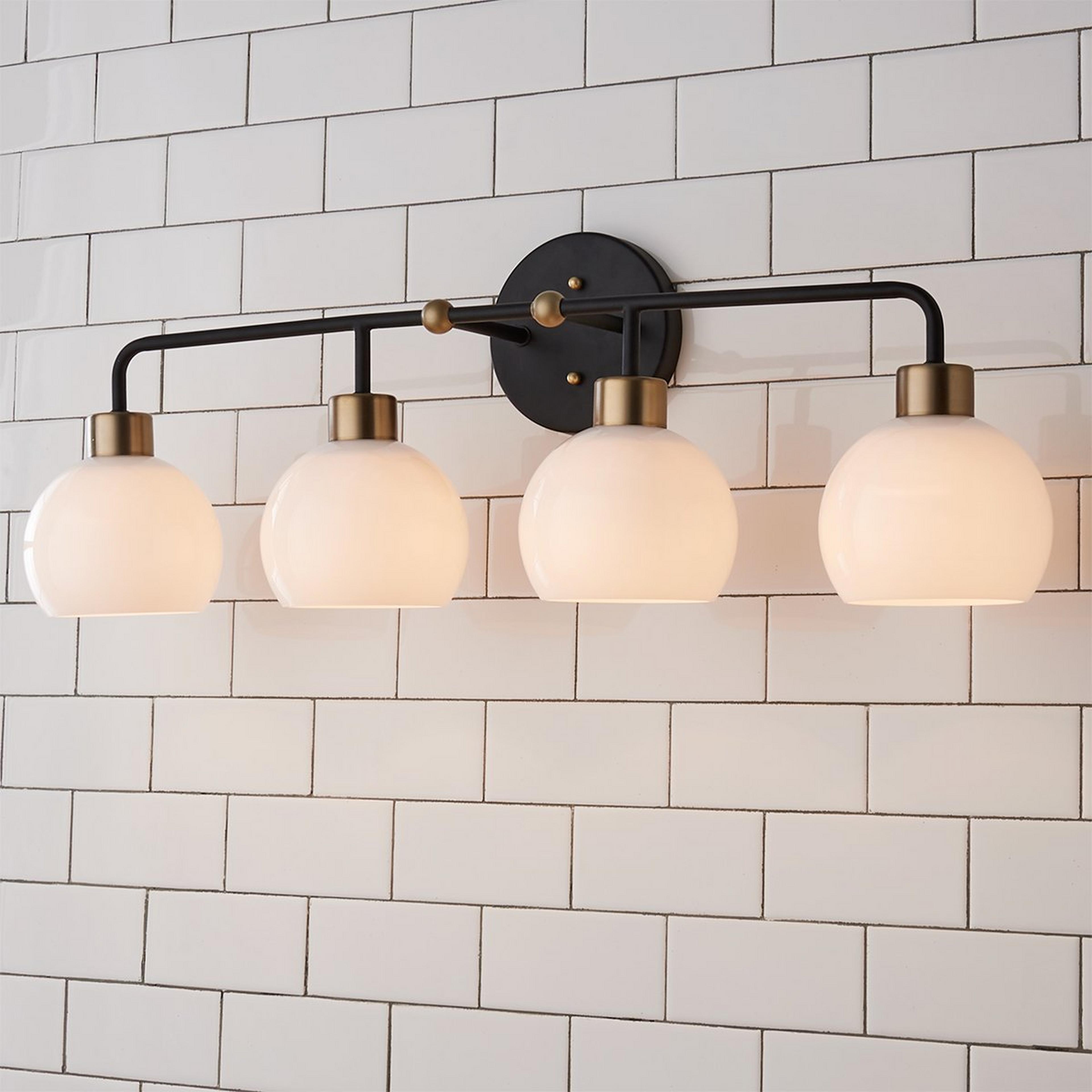 A Young House Love Opal Glass Bubble Vanity Light - 4 Light with Bronze / Opal Glass / Brass color
