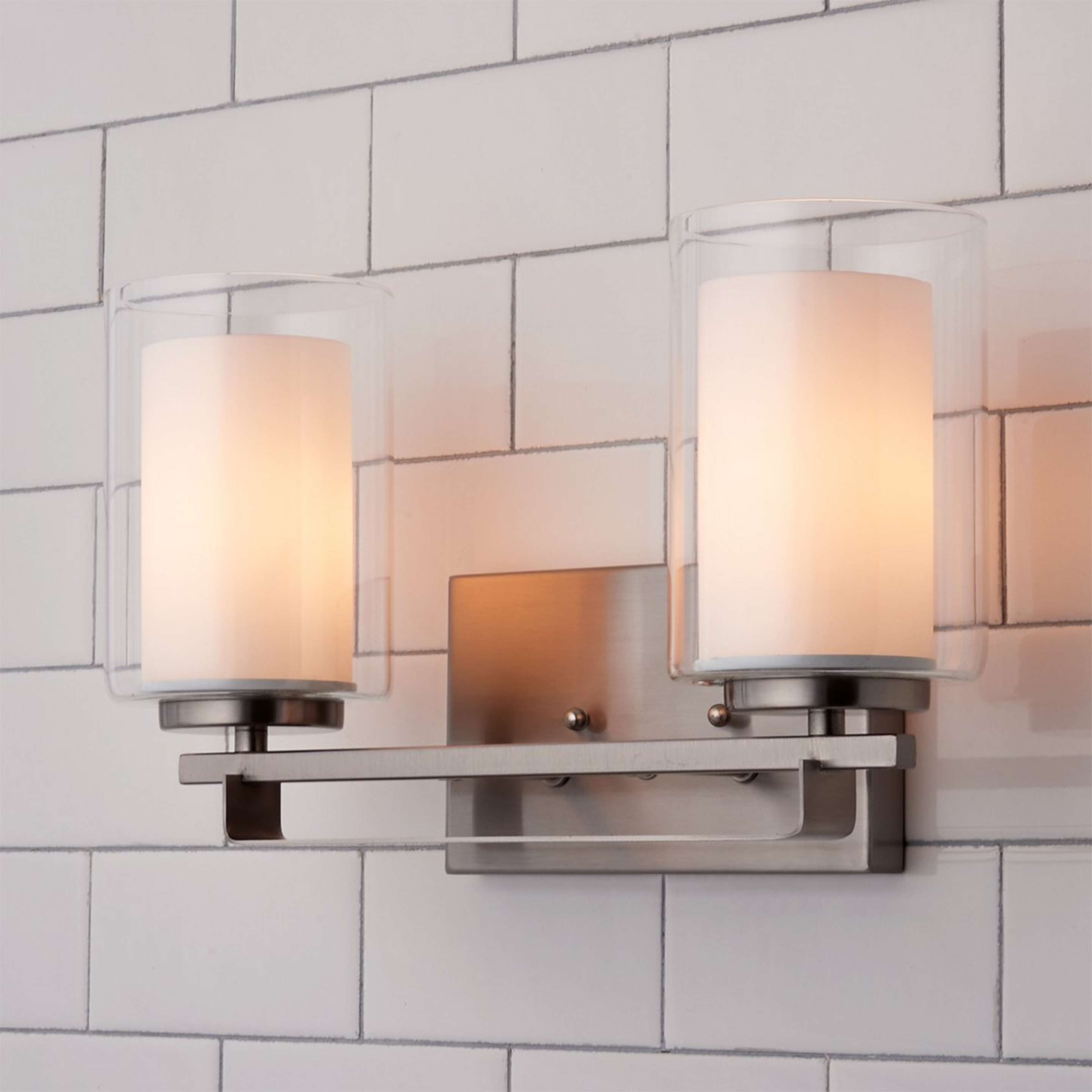 A Lydia Vanity Light - 2 Light with Brushed Nickel / White / Clear color