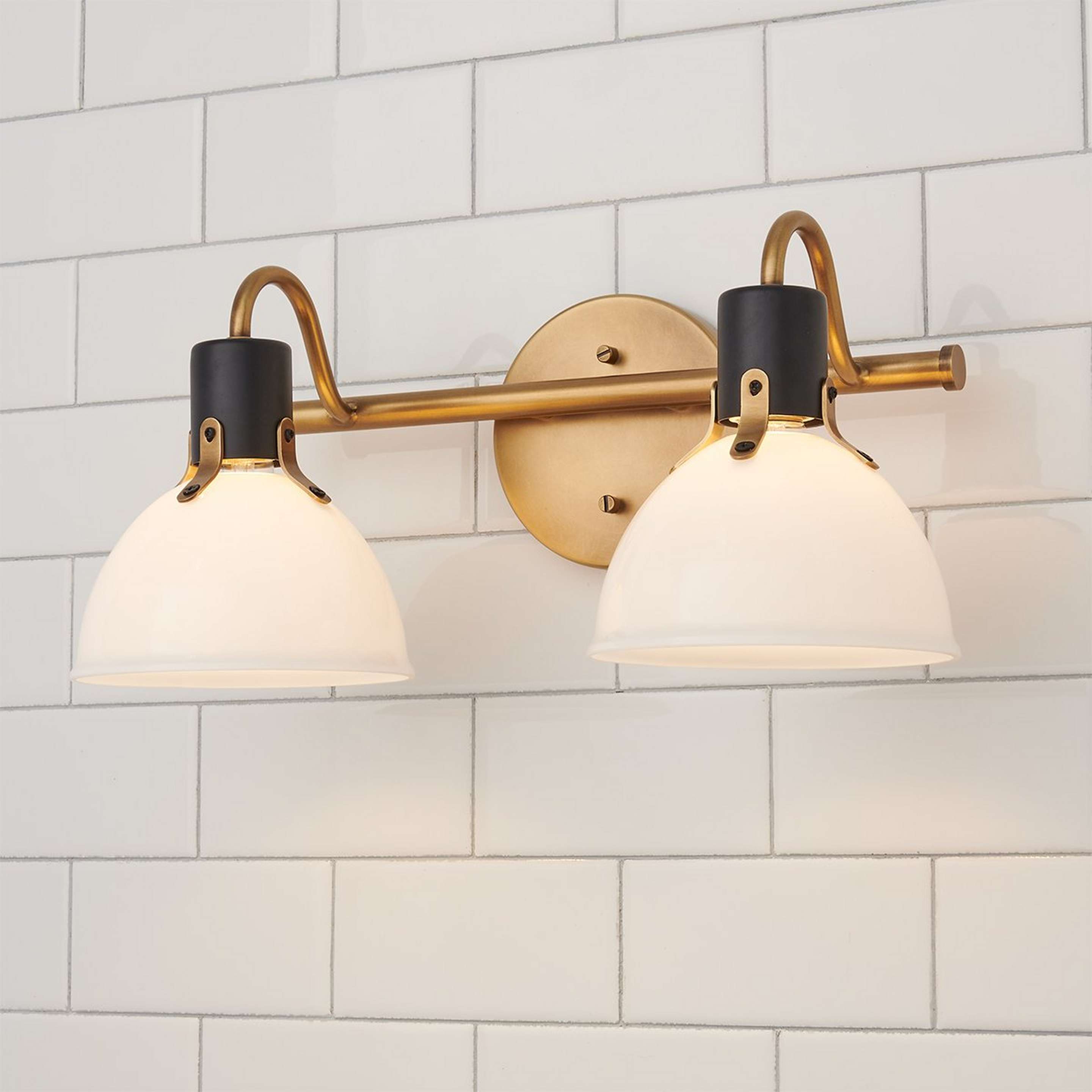 A Vienna White Glass Vanity Light - 2 Light with Brass / Black / White Glass color
