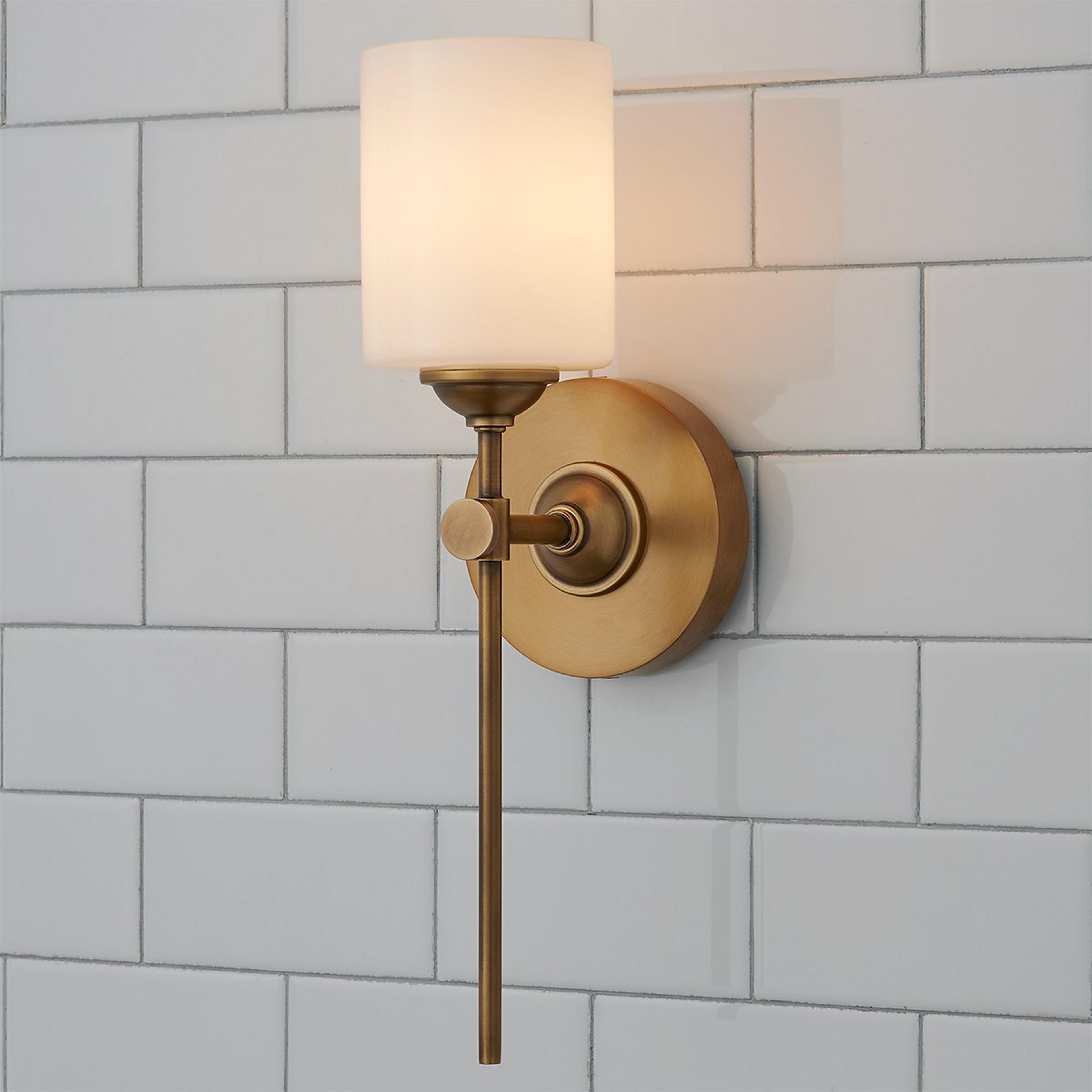 A Jerdora Opal Glass Bath Sconce with Aged Brass / Opal Glass color