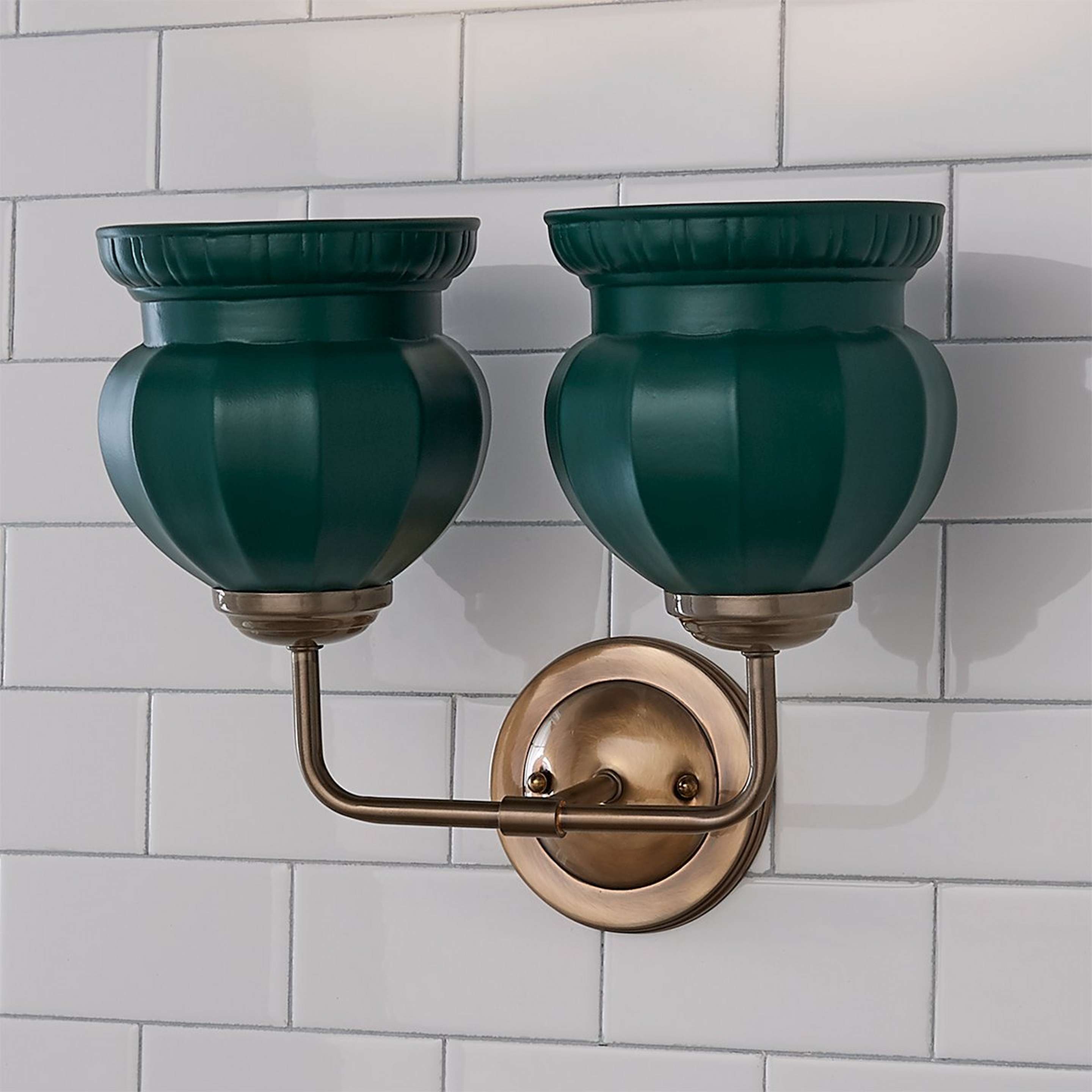 A Chris Loves Julia Marlo Vanity Light - 2 Light - Ceramic with Brass / Satin Schoolhouse Green color
