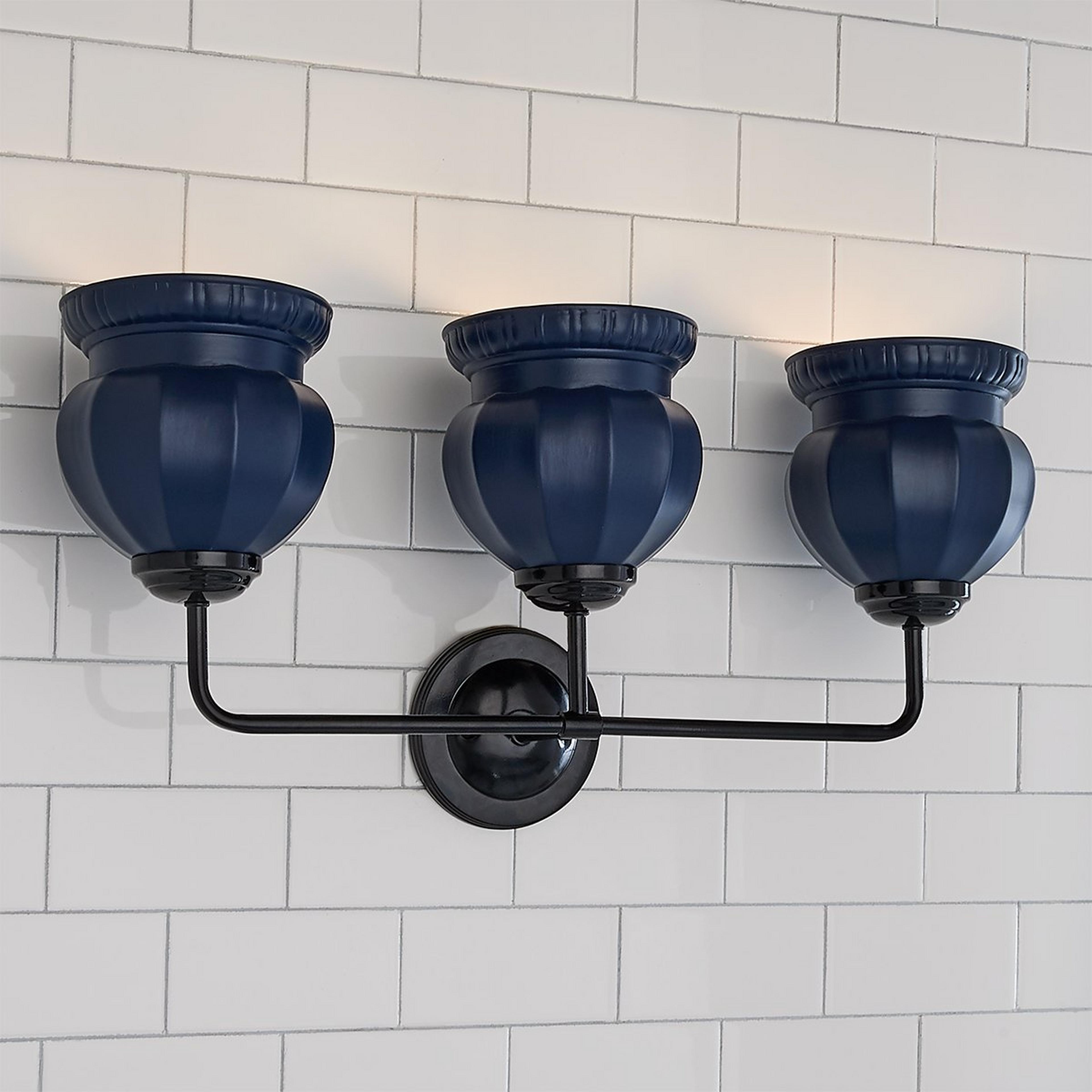 A Chris Loves Julia Marlo Vanity Light - 3 Light - Ceramic with Black / Satin Midnight Blue color