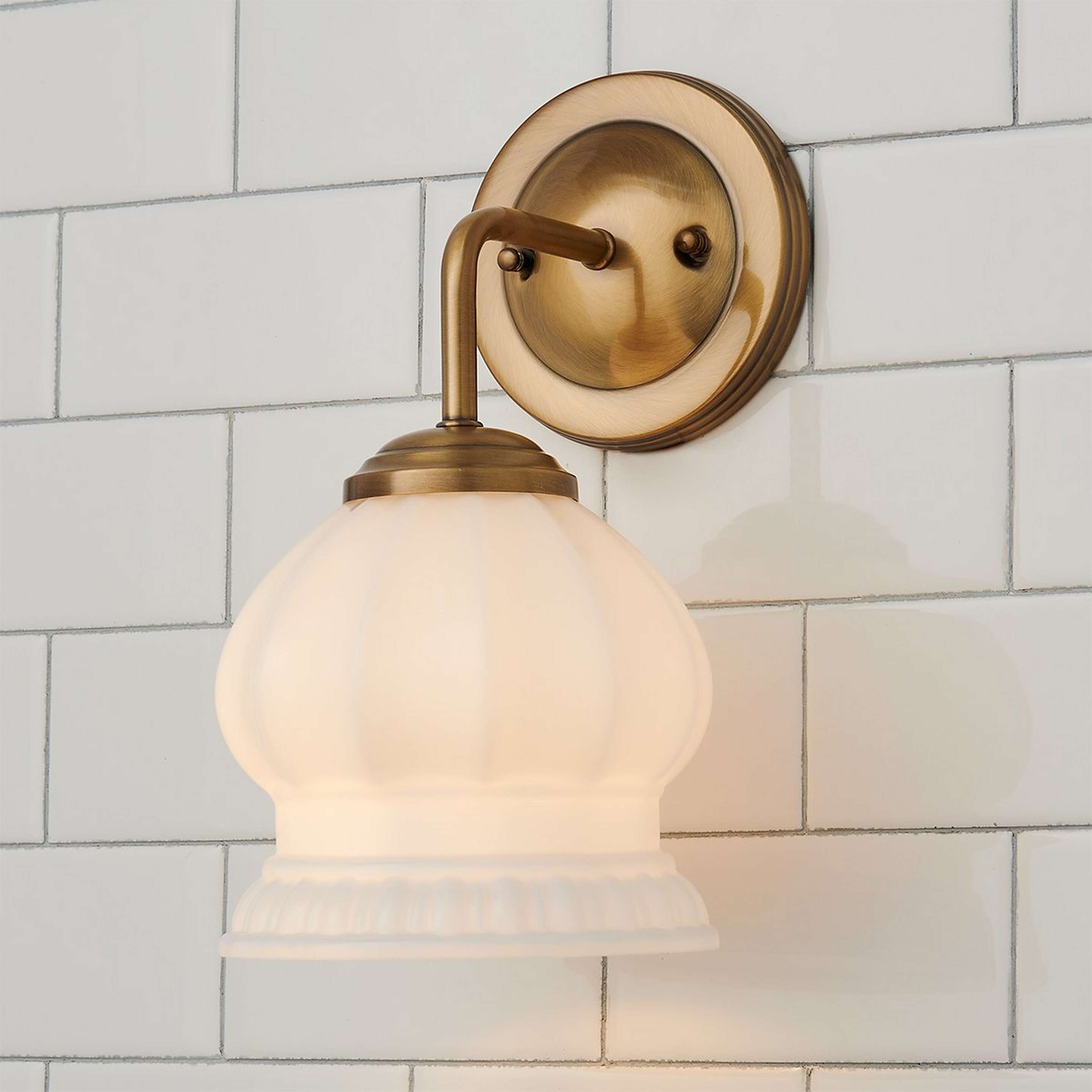 A Chris Loves Julia Marlo Bath Sconce - Milk Glass with Brass / Milk Glass color