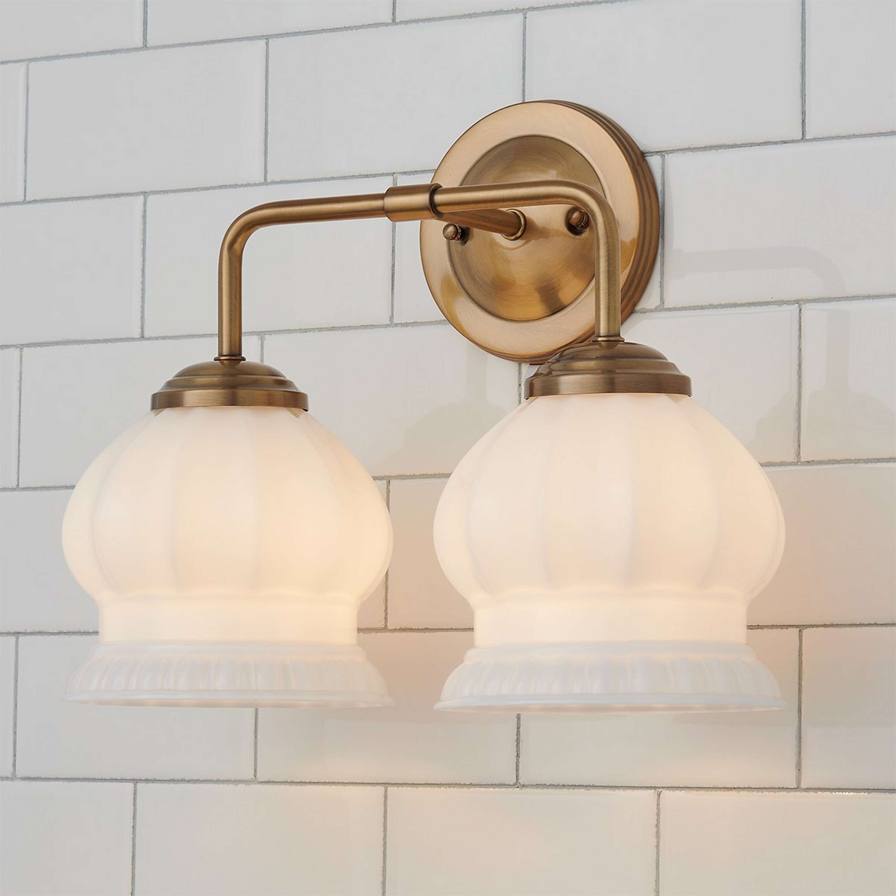 A Chris Loves Julia Marlo Vanity Light - 2 Light - Milk Glass with Brass / Milk Glass color