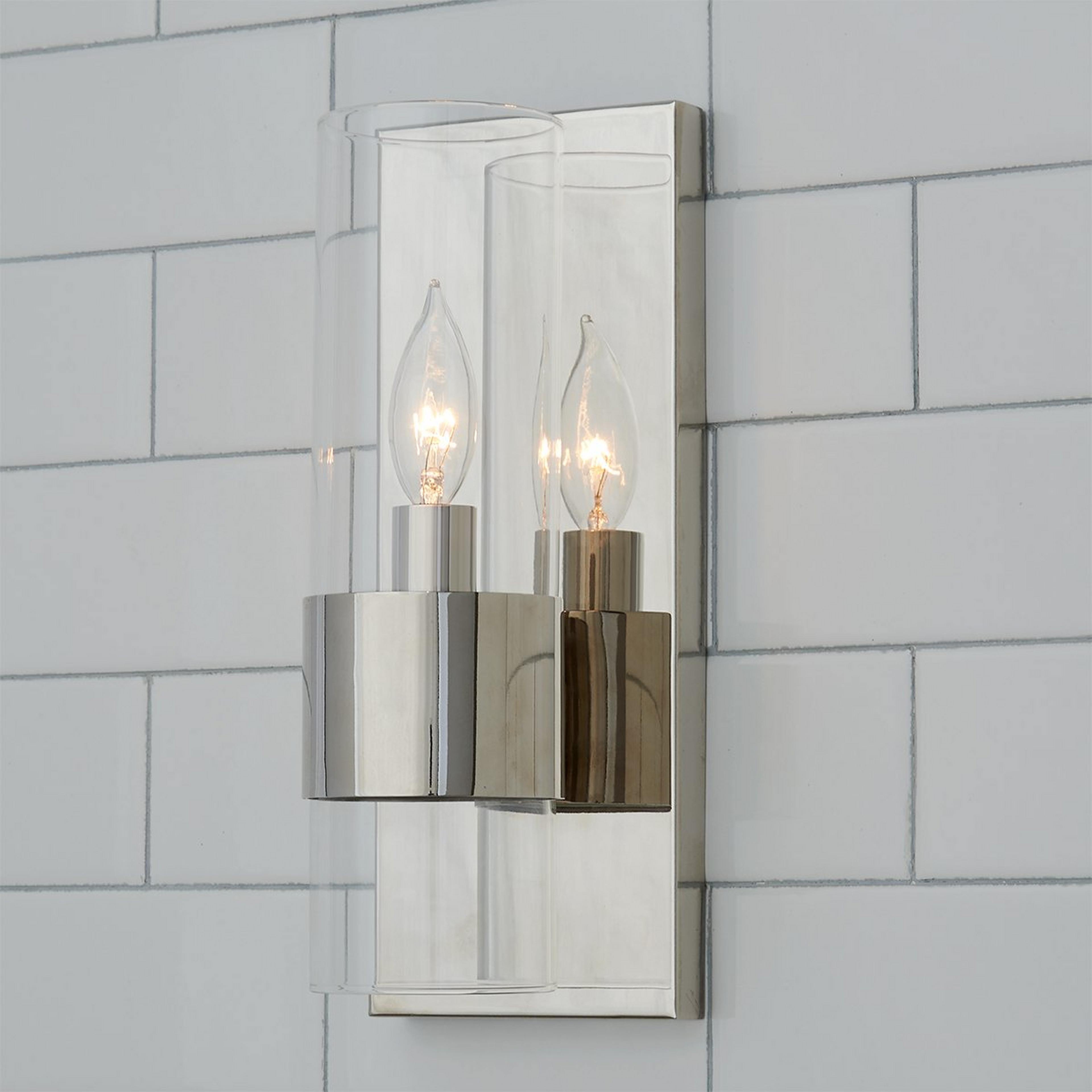 A Saynar Bath Sconce with Polished Nickel / Clear Glass color