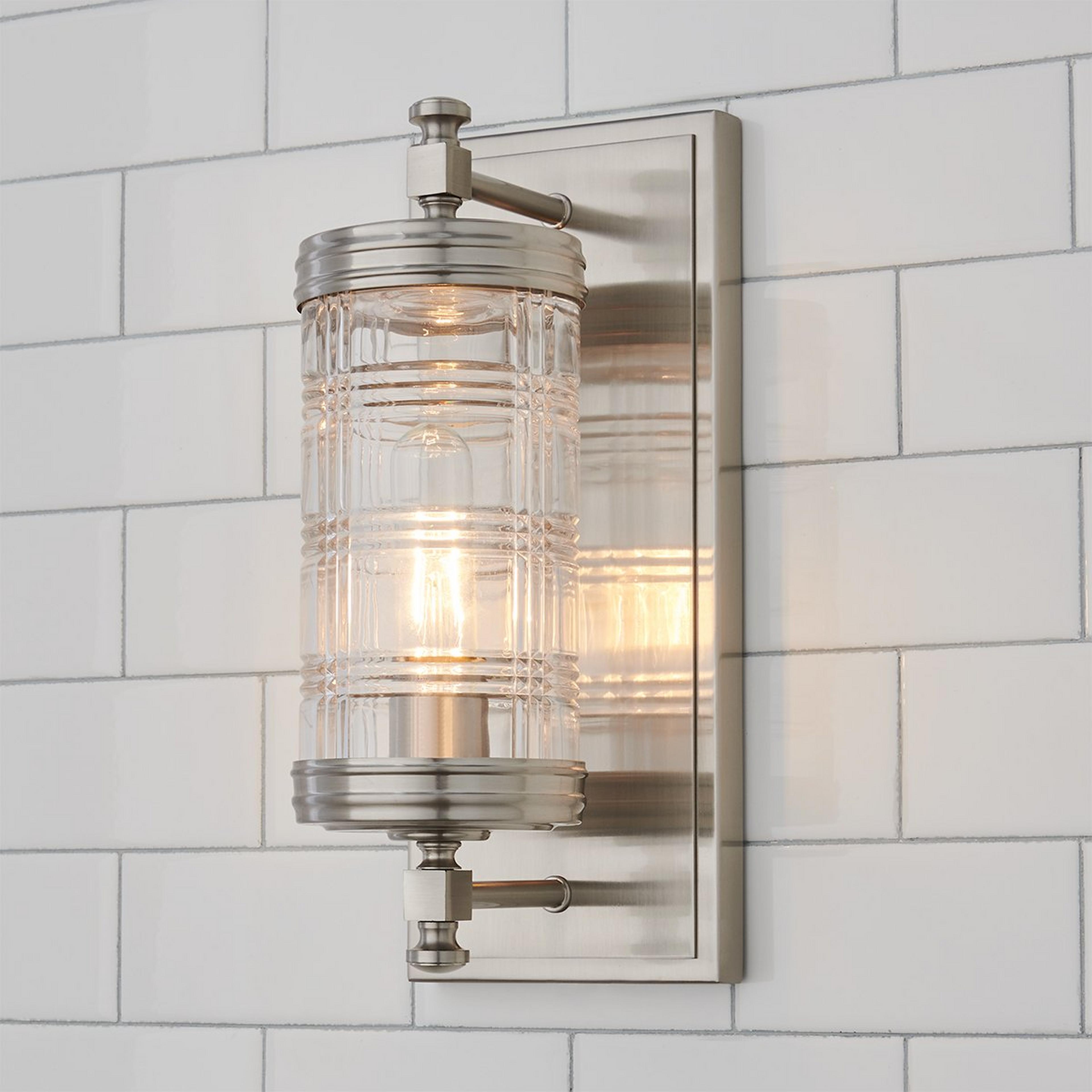 A Plaid Glass Bath Sconce with Brushed Nickel / Clear Plaid Glass color