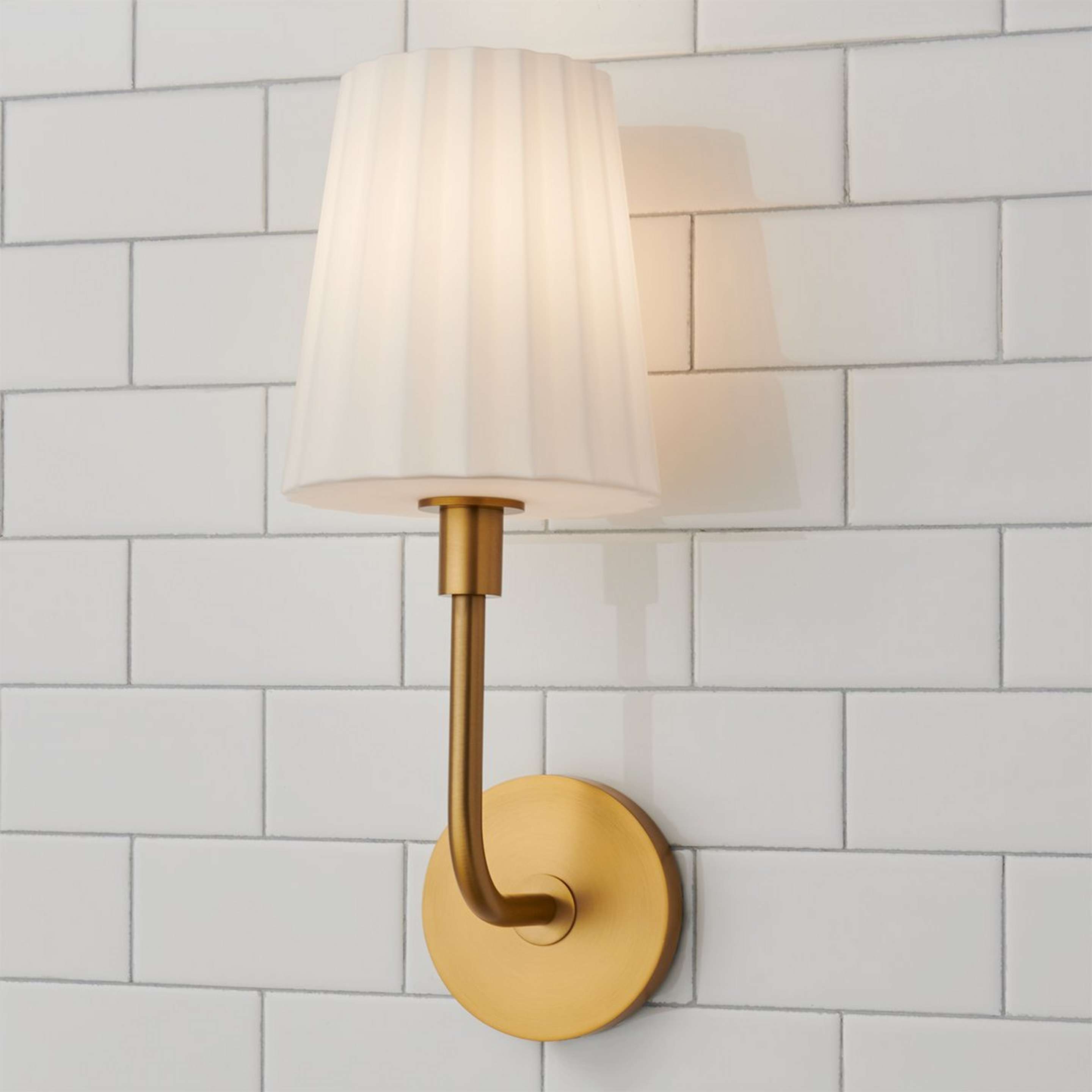 A Trysania Bath Sconce - Pleated Opal Shade with Aged Gold / Pleated Opal Glass color
