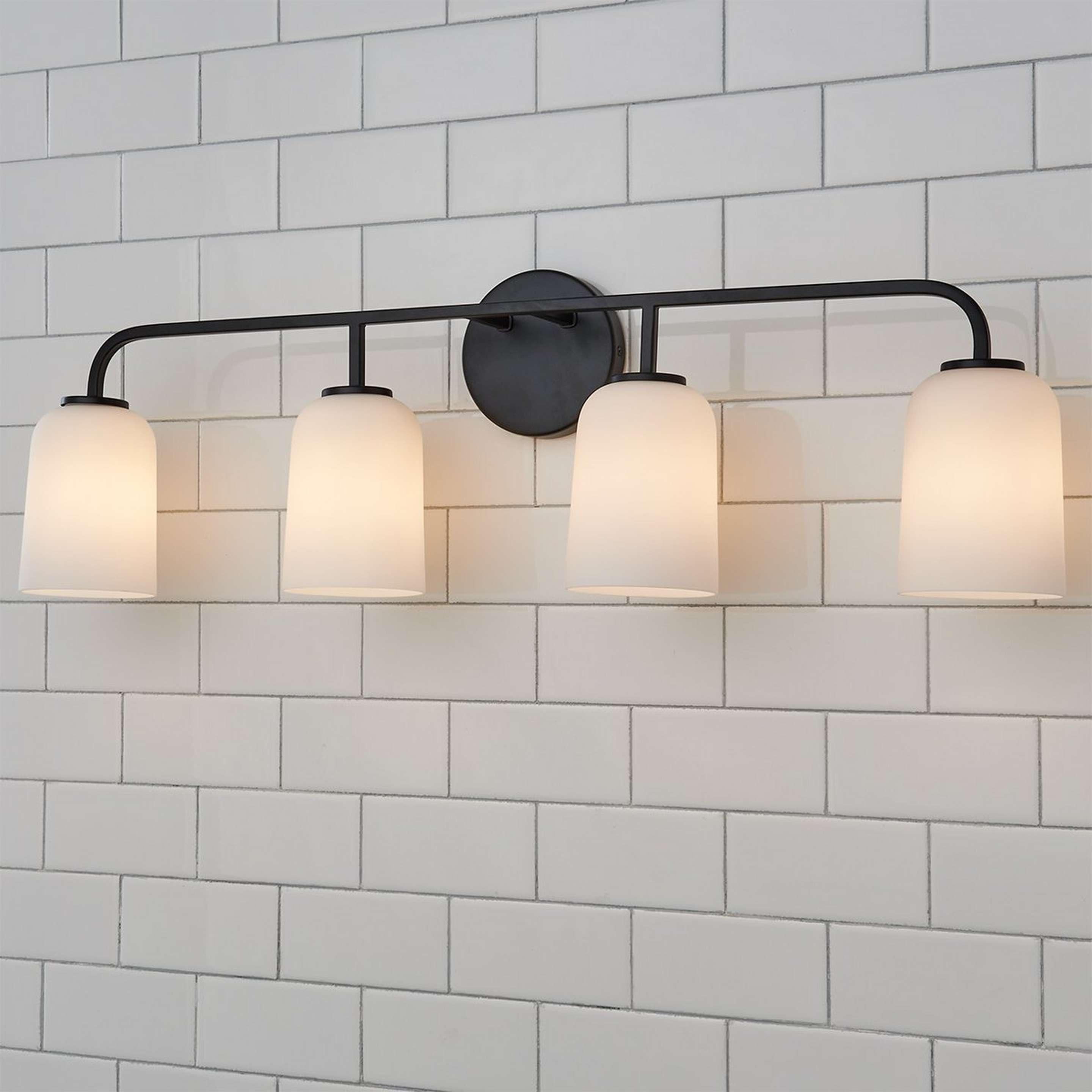 A Verlice Vanity Light - 4 Light with Matte Black / Milk Glass color