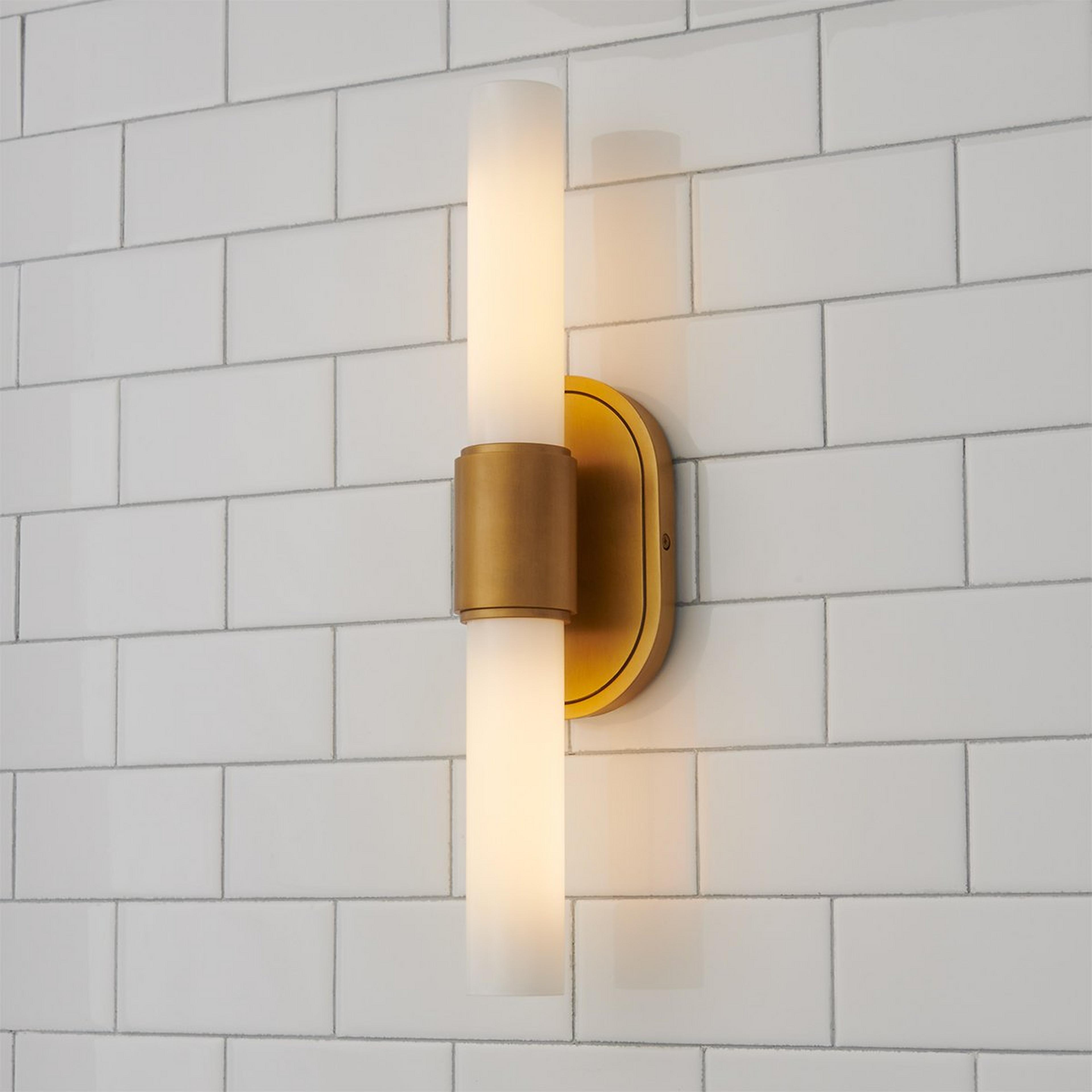 A Vandove Double Sconce with Natural Brass / Opal Glass color