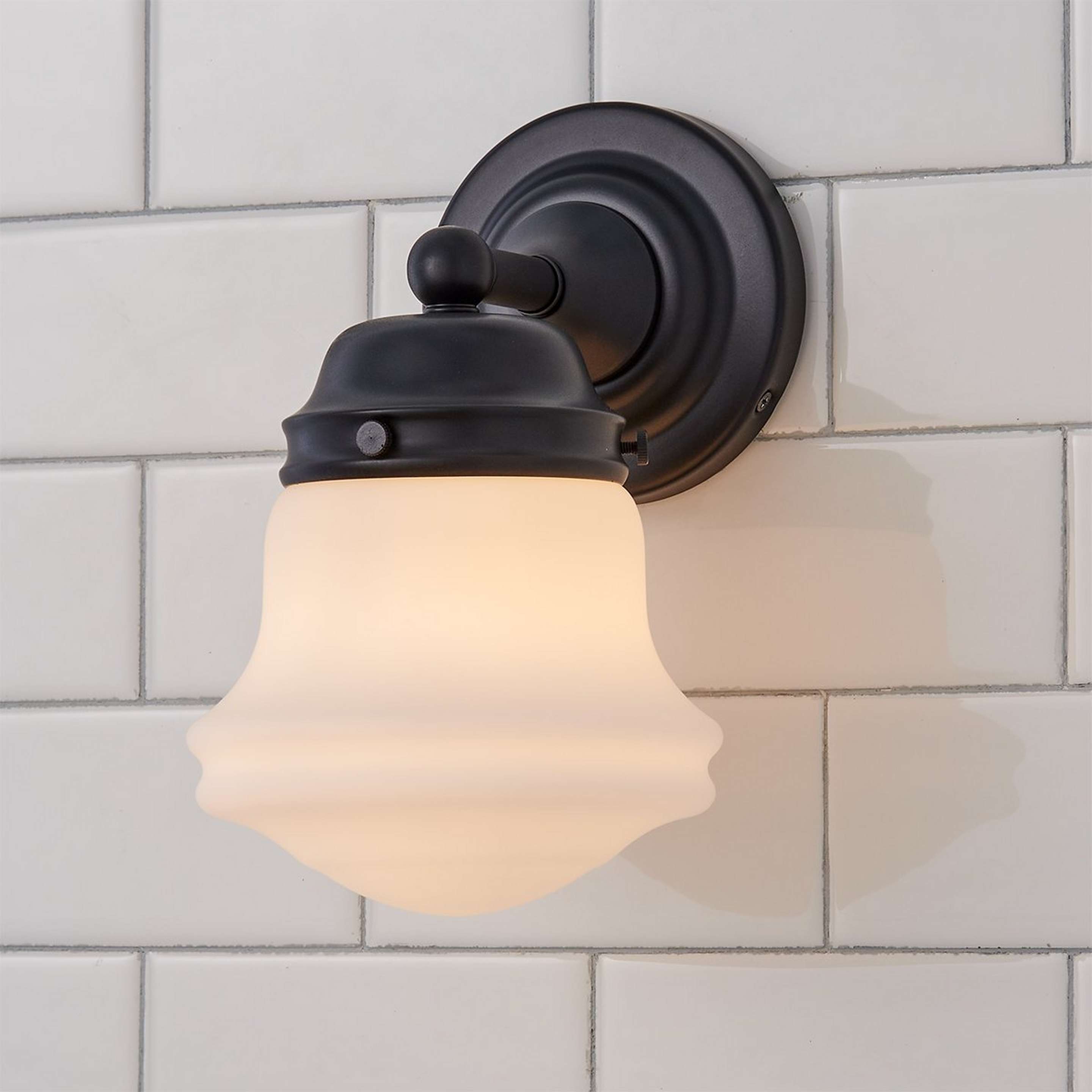 A Ethel School Haus Opal Glass Bath Sconce with Matte Black / Opal Glass color