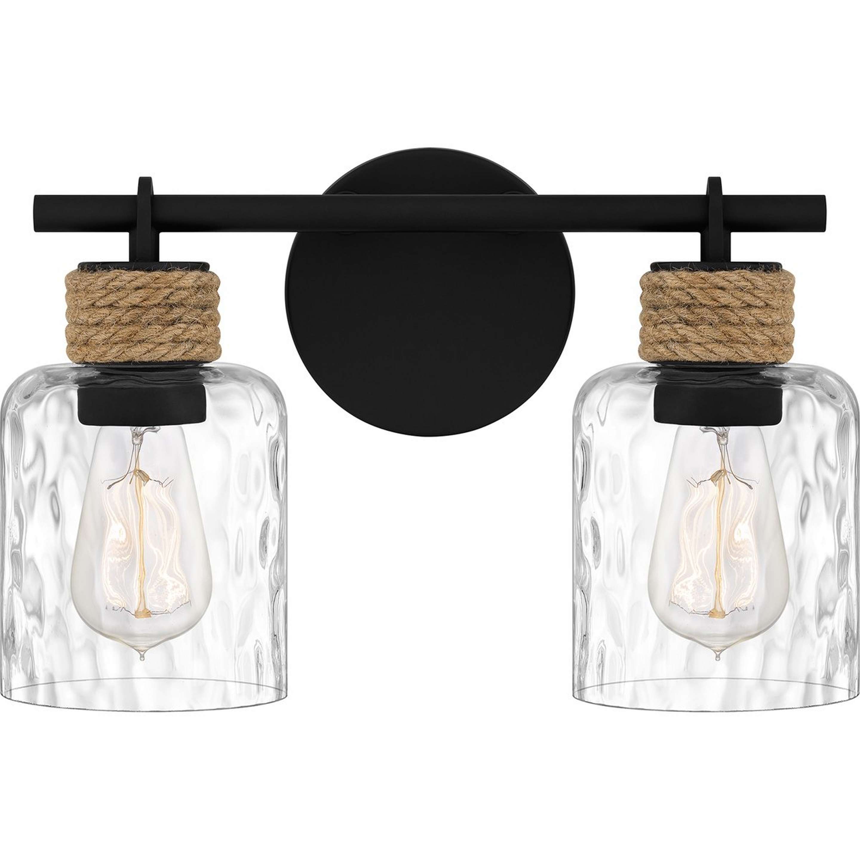 A Samuel Vanity Light - 2 Light with Matte Black / Natural Rope / Clear Water Glass color