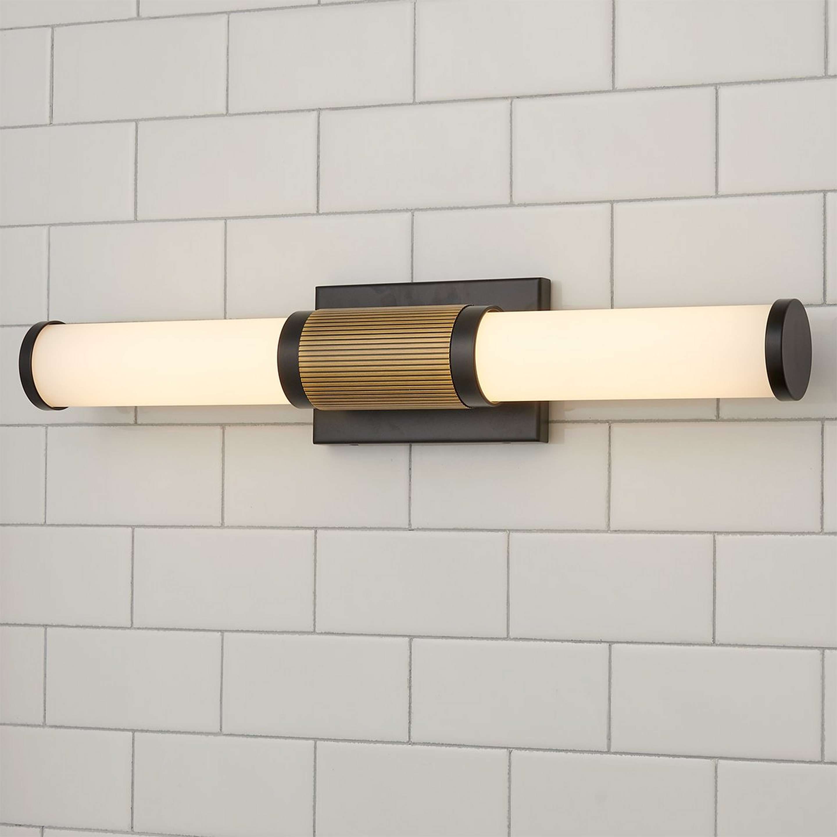 A Chiron LED Bath Sconce - Large with Black / Brass / Opal Glass color