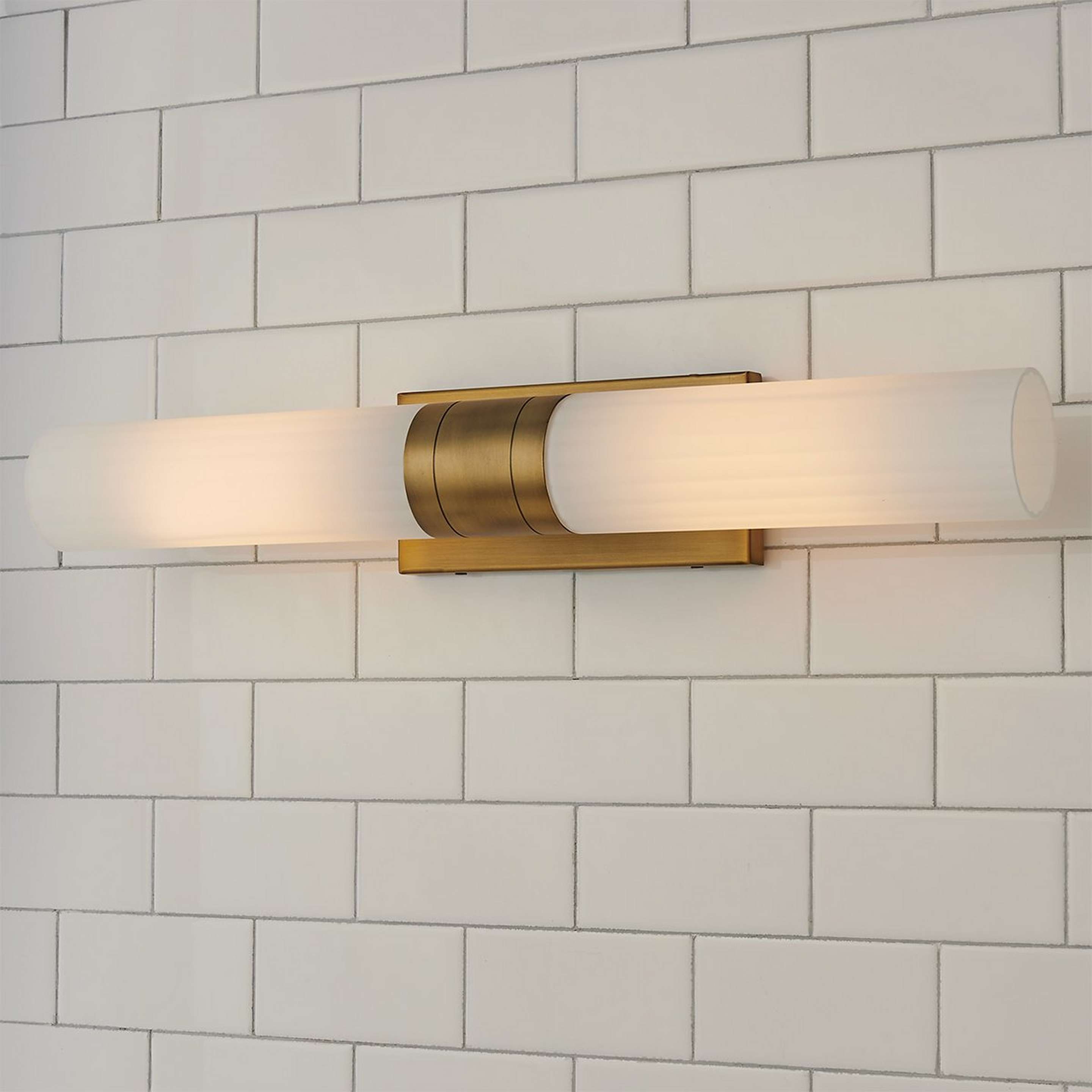 A Malika Opal Glass Bath Sconce - 2 Light with Brushed Brass / Opal Glass color