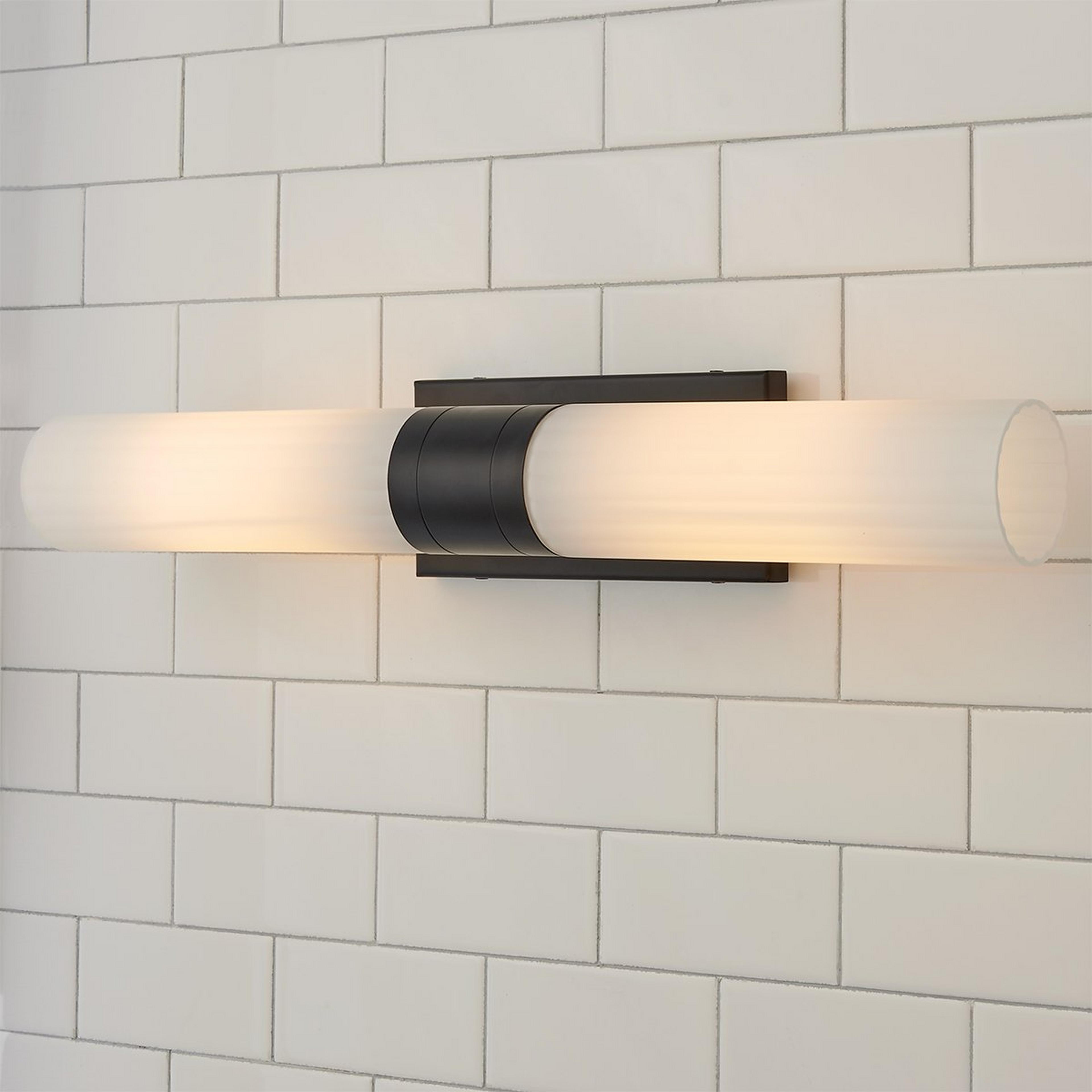 A Malika Opal Glass Bath Sconce - 2 Light with Matte Black / Opal Glass color