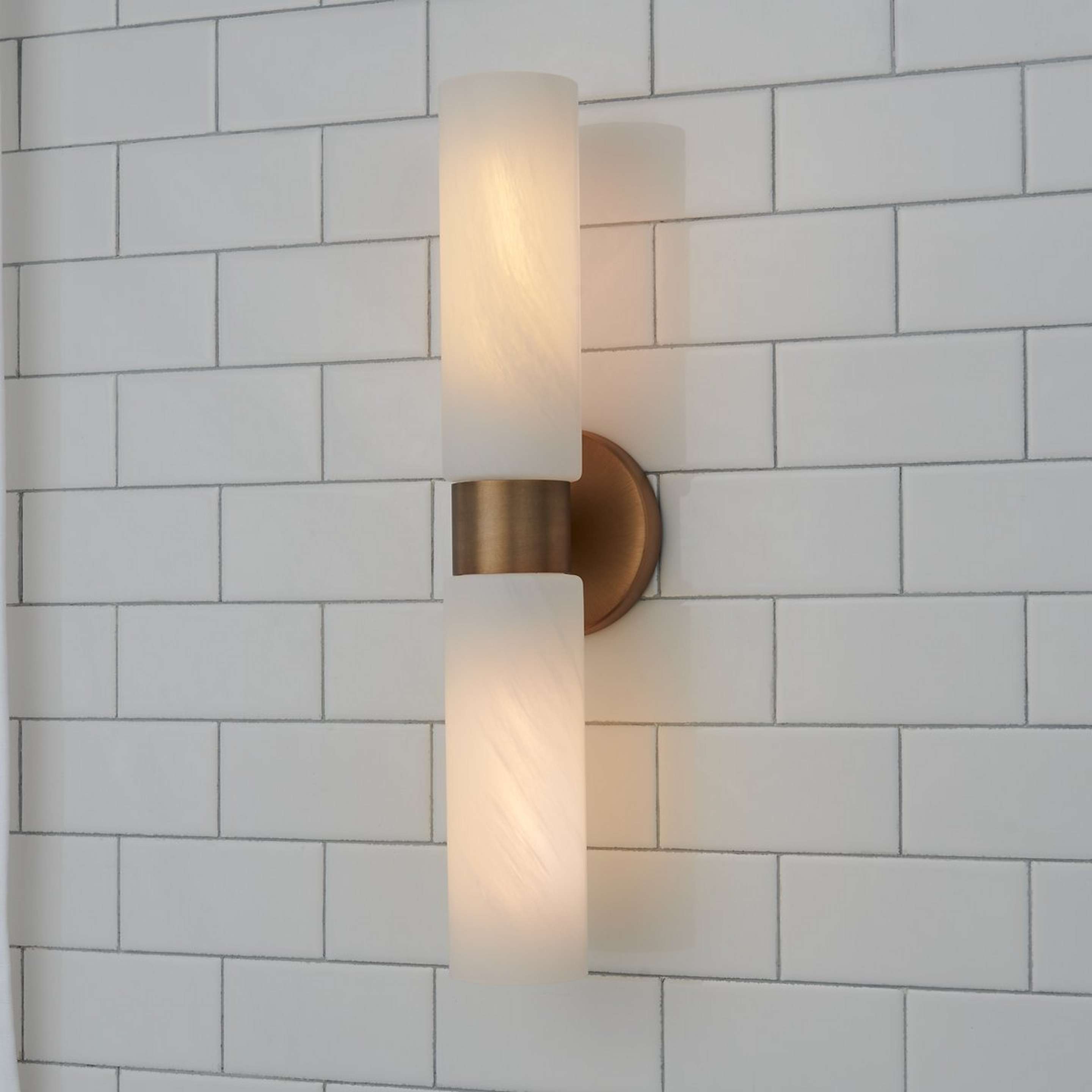A Aeolian Bath Sconce - 2 Light with Aged Brass / Faux Alabaster Glass color
