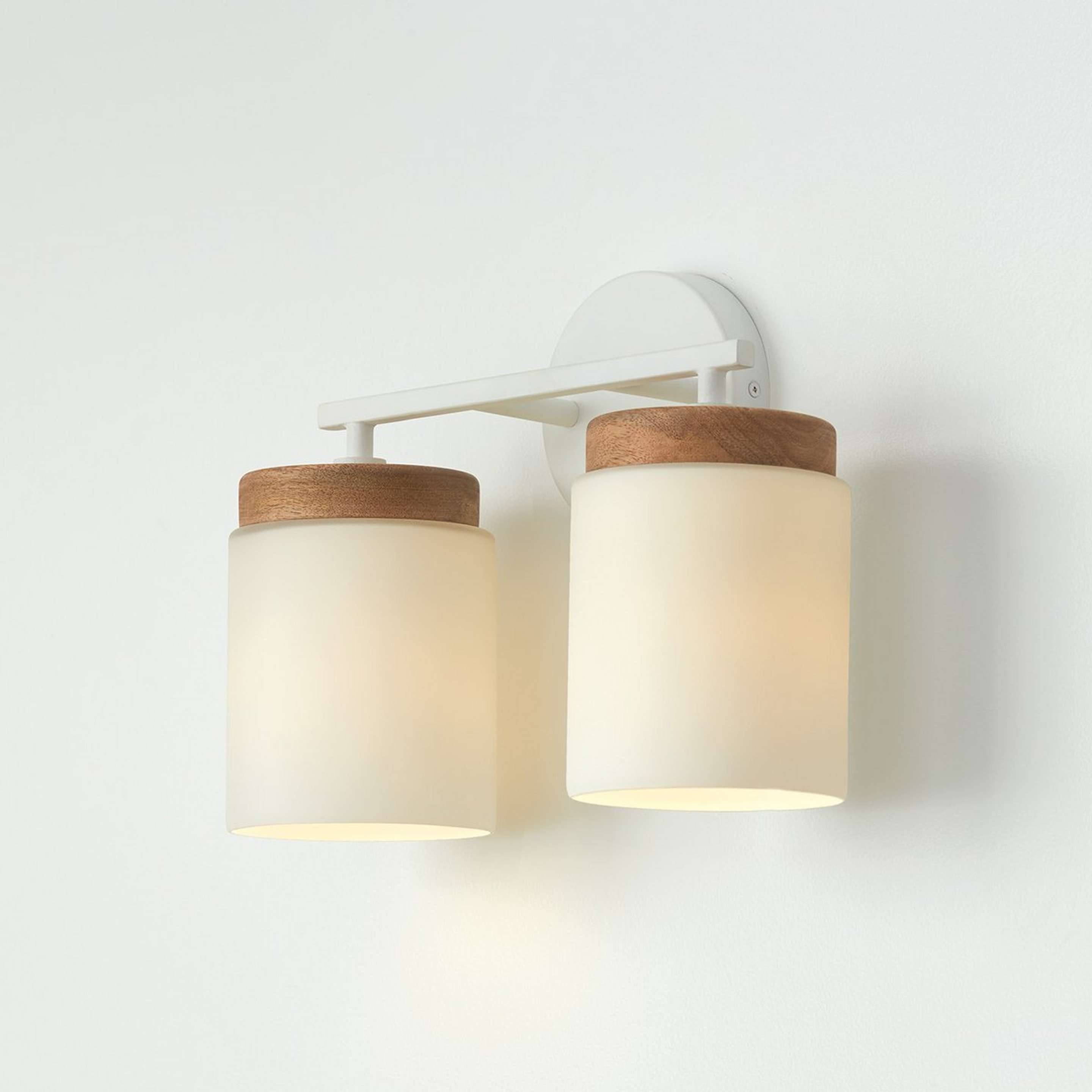 A Wood Capped Vanity Light - 2 Light with White / Mango Wood color