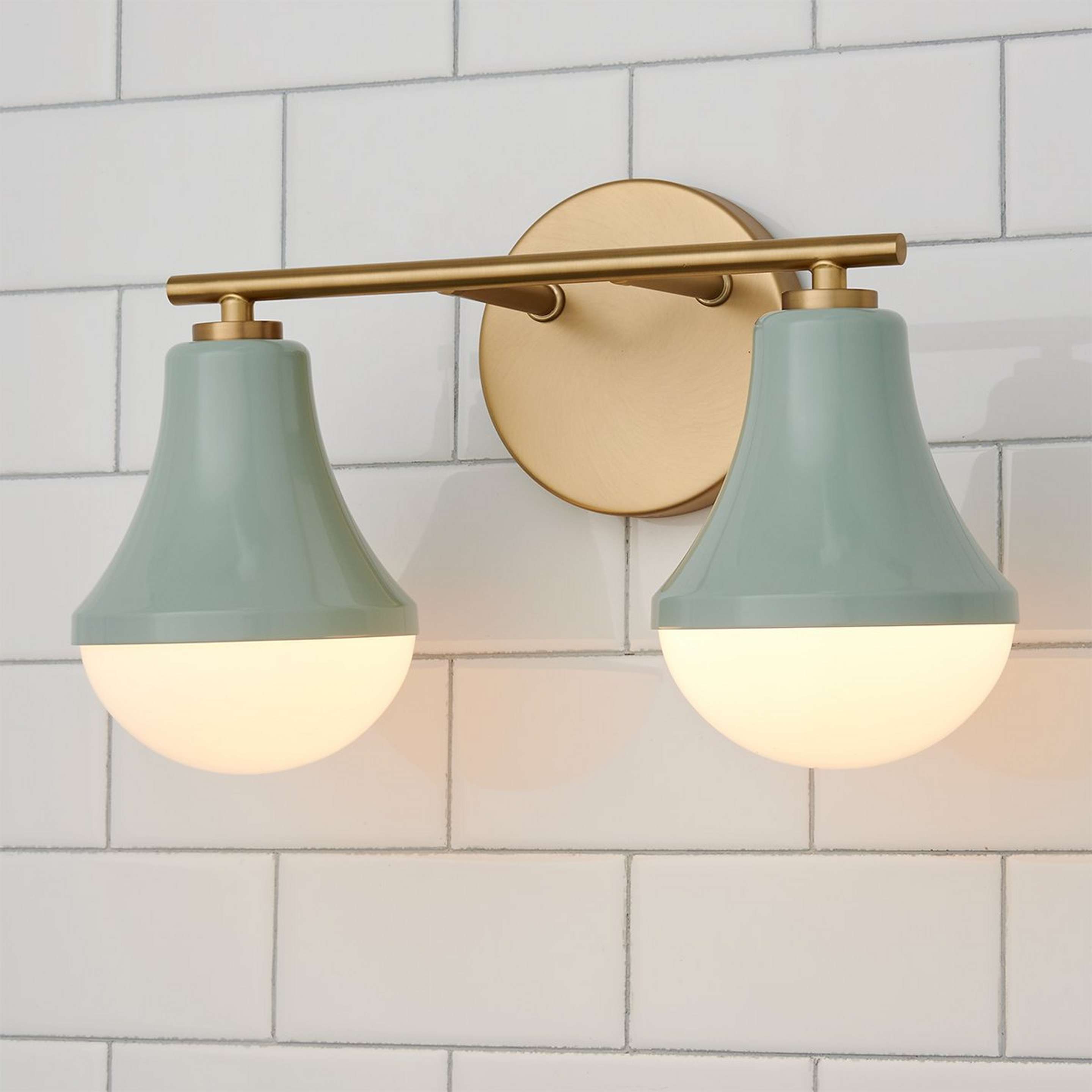 A Rockford Retro Vanity Light - 2 Light with Brass / Seafoam / Opal Glass color