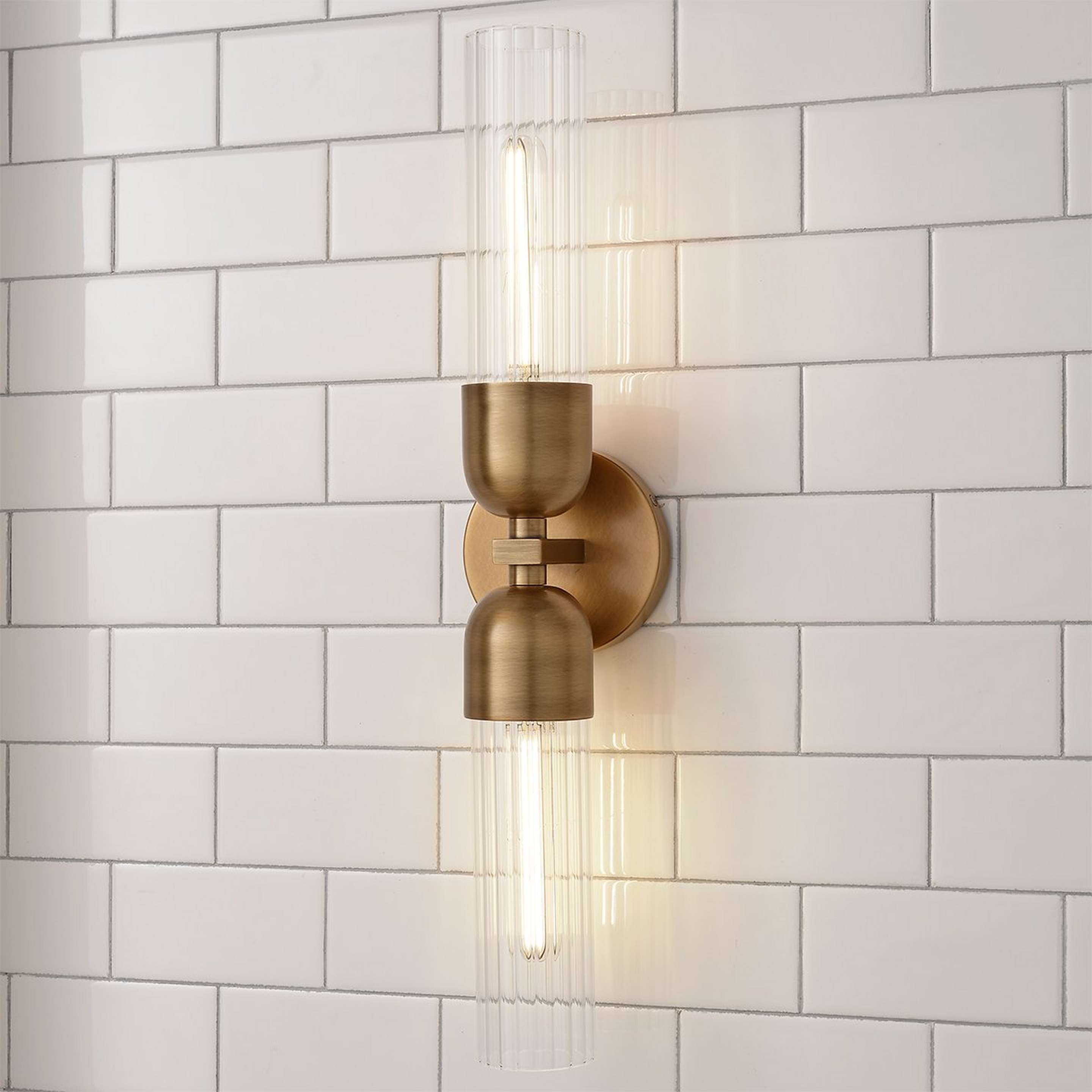 A Himeji Vanity Light - 2 Light with Aged Brass / Fluted Glass color