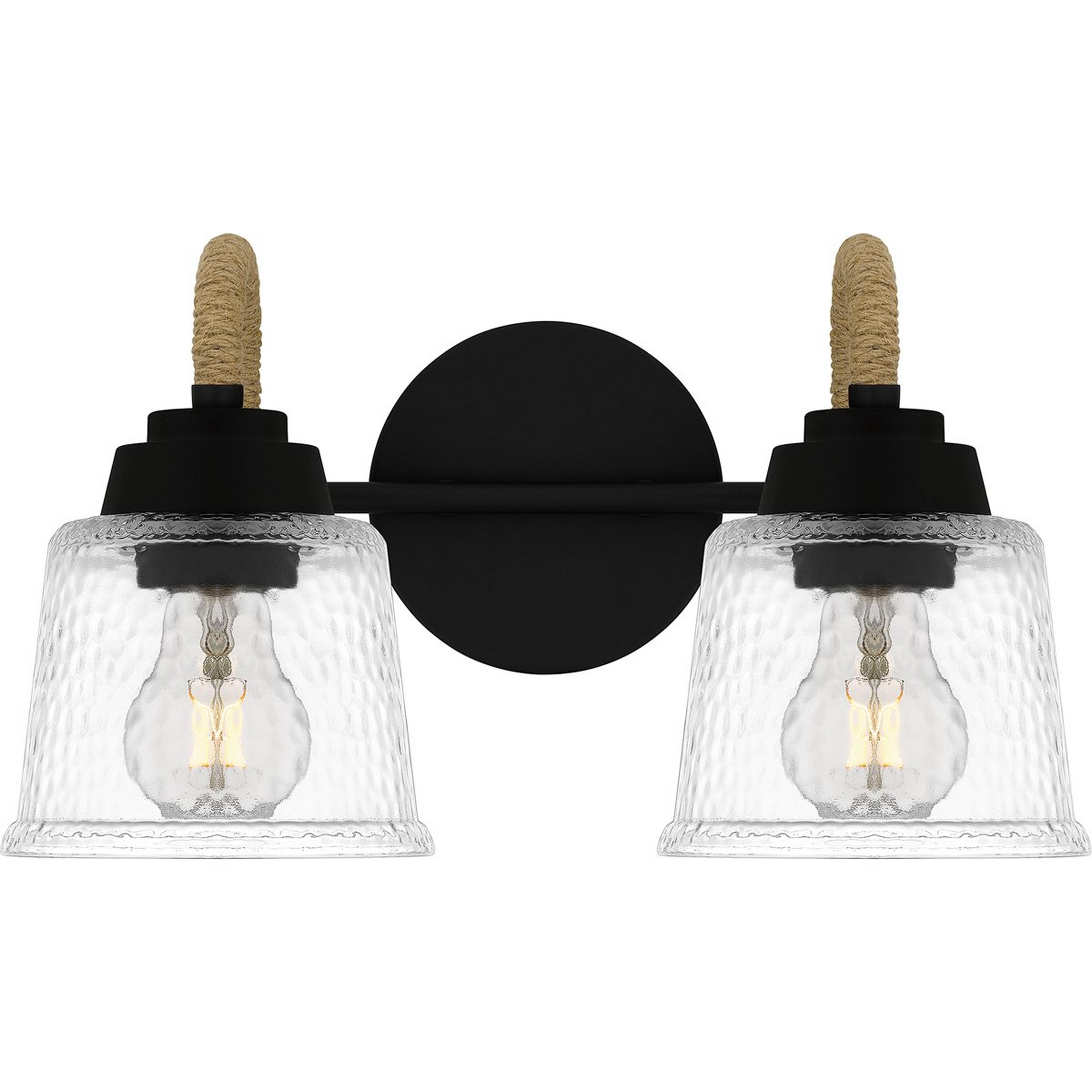 A Rafferty Vanity Light - 2 Light with Matte Black / Rope / Hammered Glass color