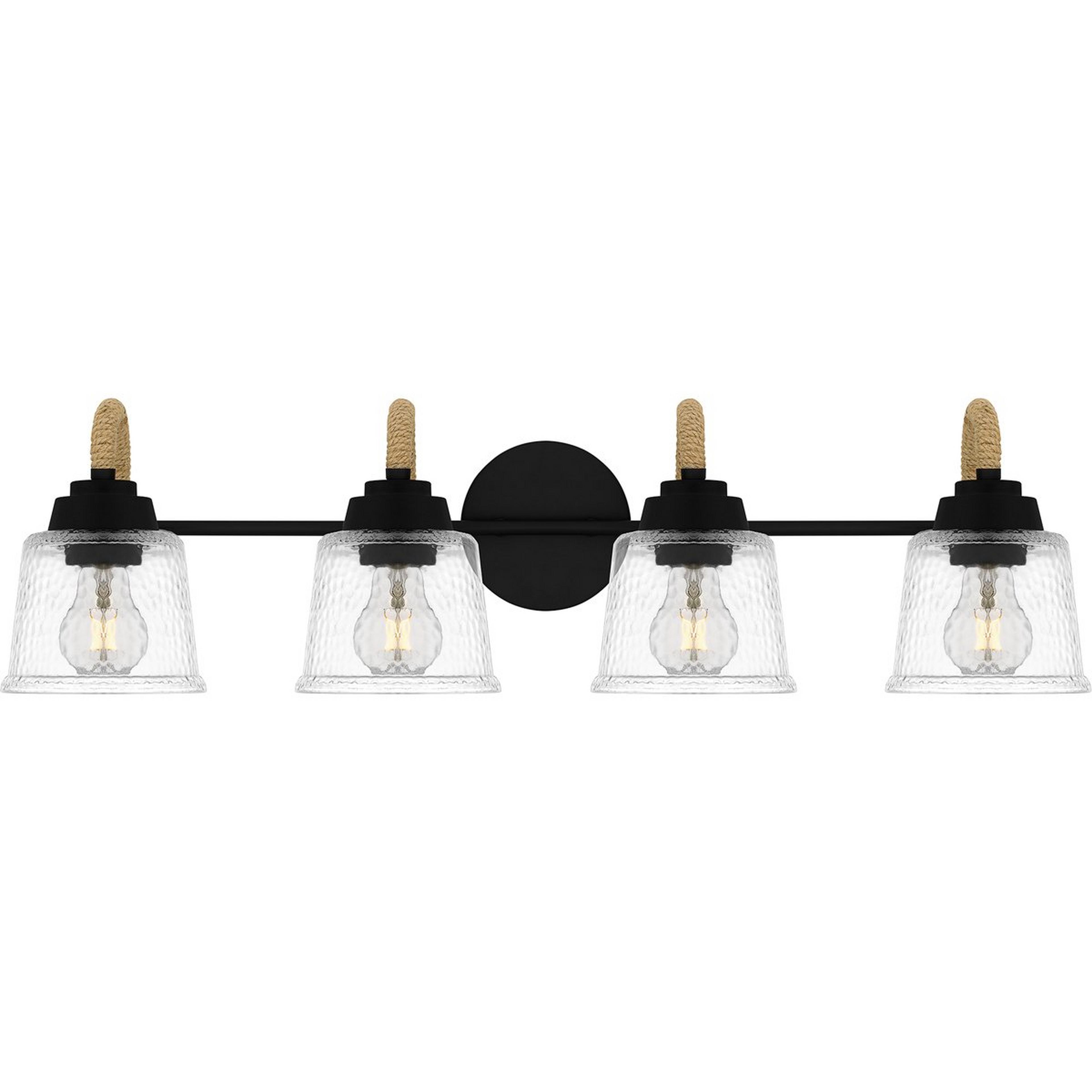 A Rafferty Vanity Light - 4 Light with Matte Black / Rope / Hammered Glass color