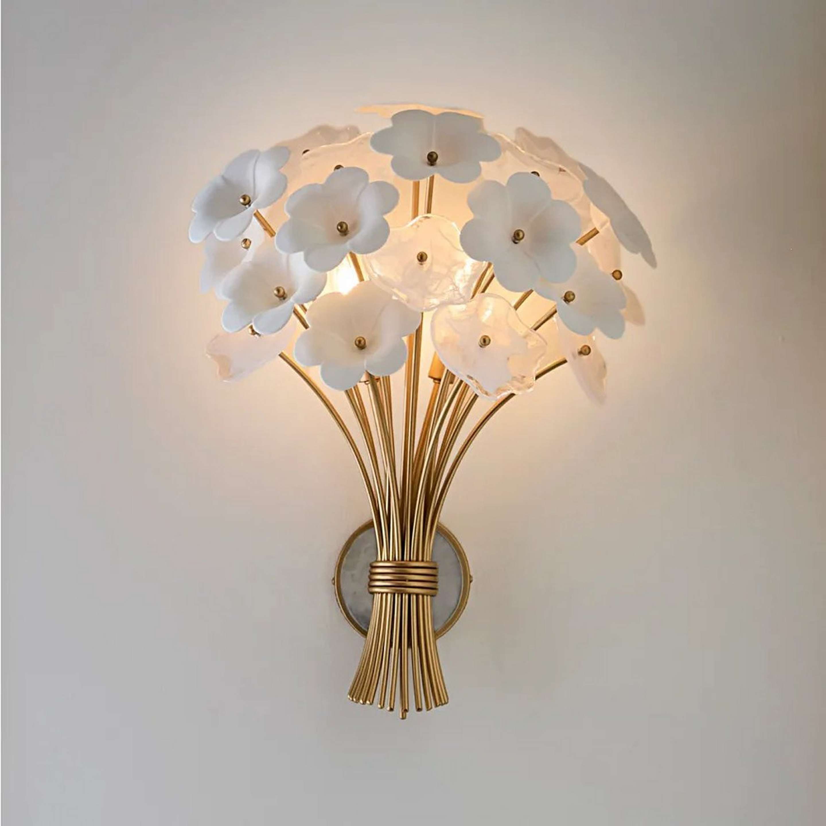 A Garden Bloom Bouquet Bath Sconce with Gold / White Ceramic / Cloud Glass color