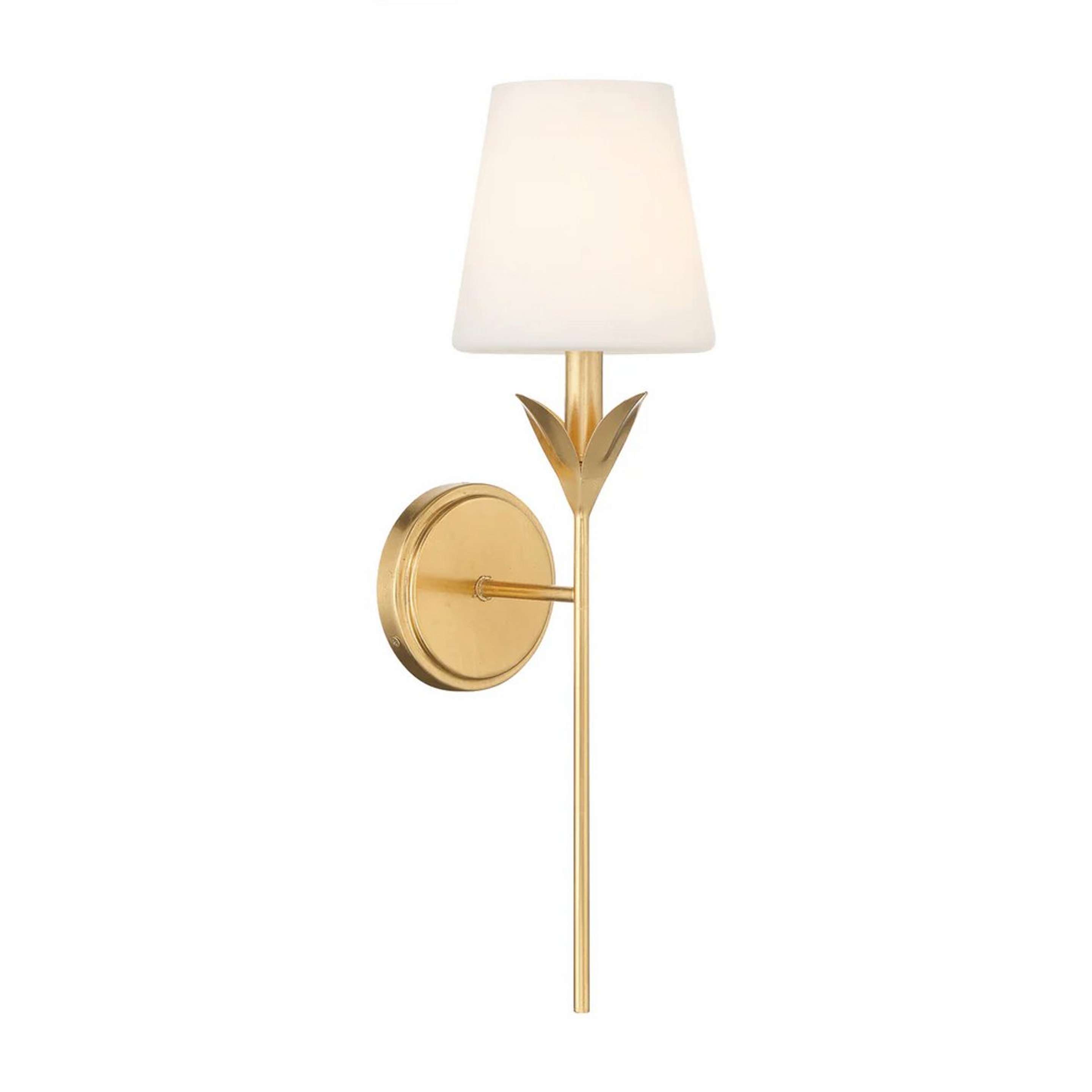 A Olive Leaf Stem Bath Sconce - 1 Light with Antique Gold / Opal Glass color
