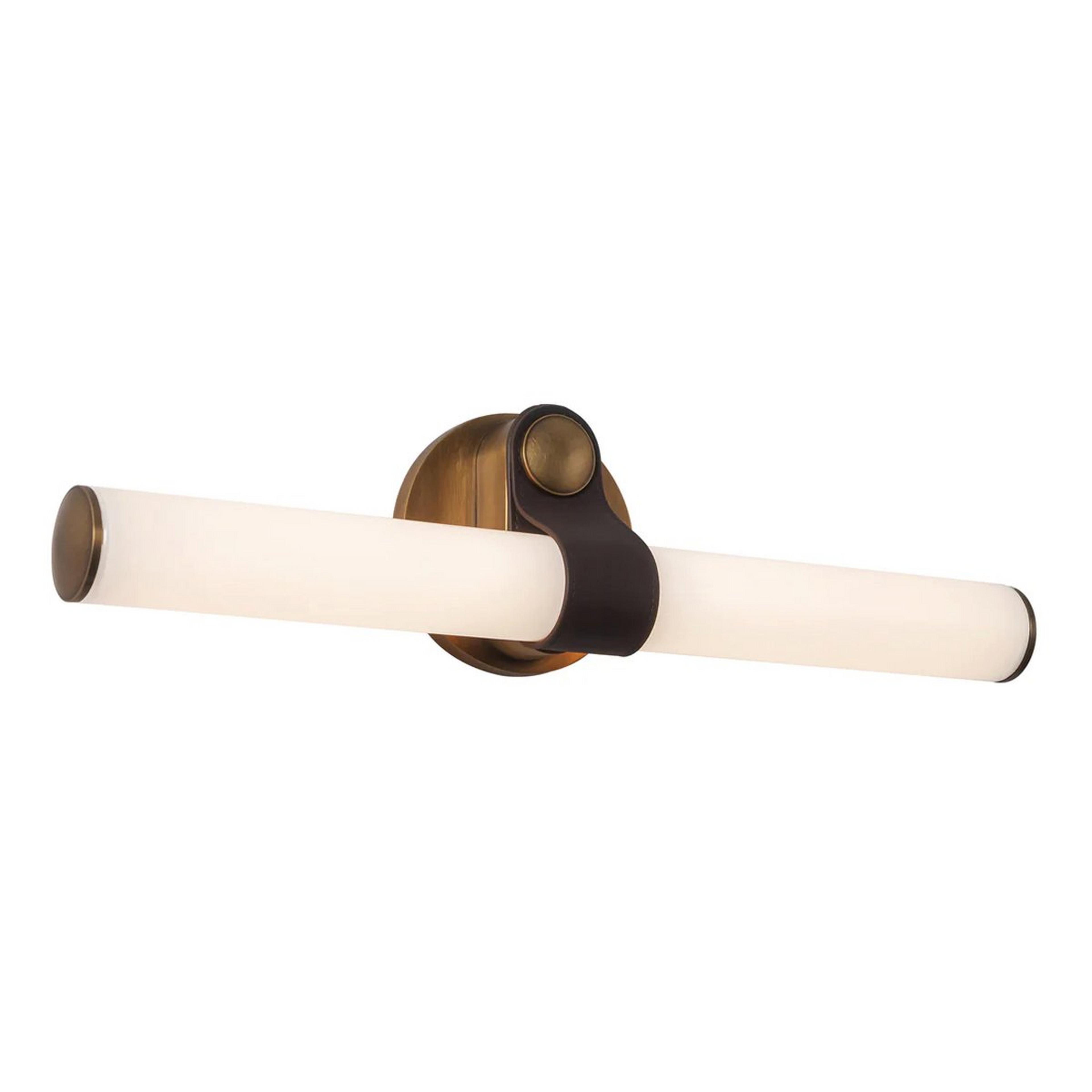 A Misty LED Vanity Light with Brass / Opal Glass / Vegan Leather color