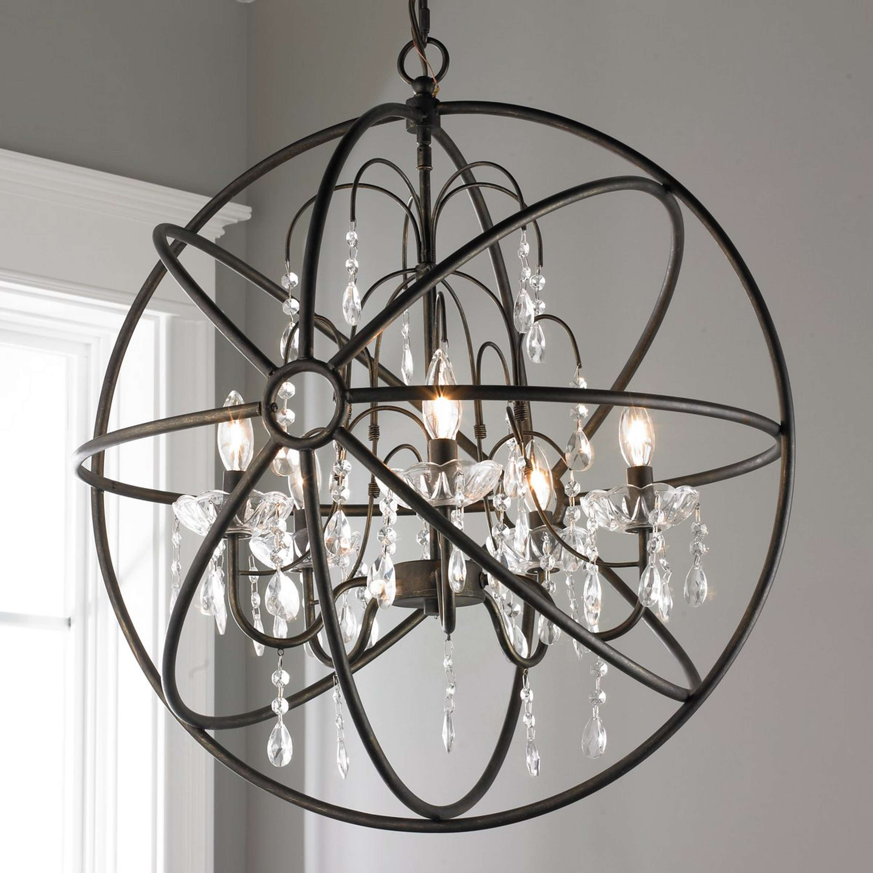 A Crystal and Metal Orb Chandelier with Golden Bronze / Crystal color