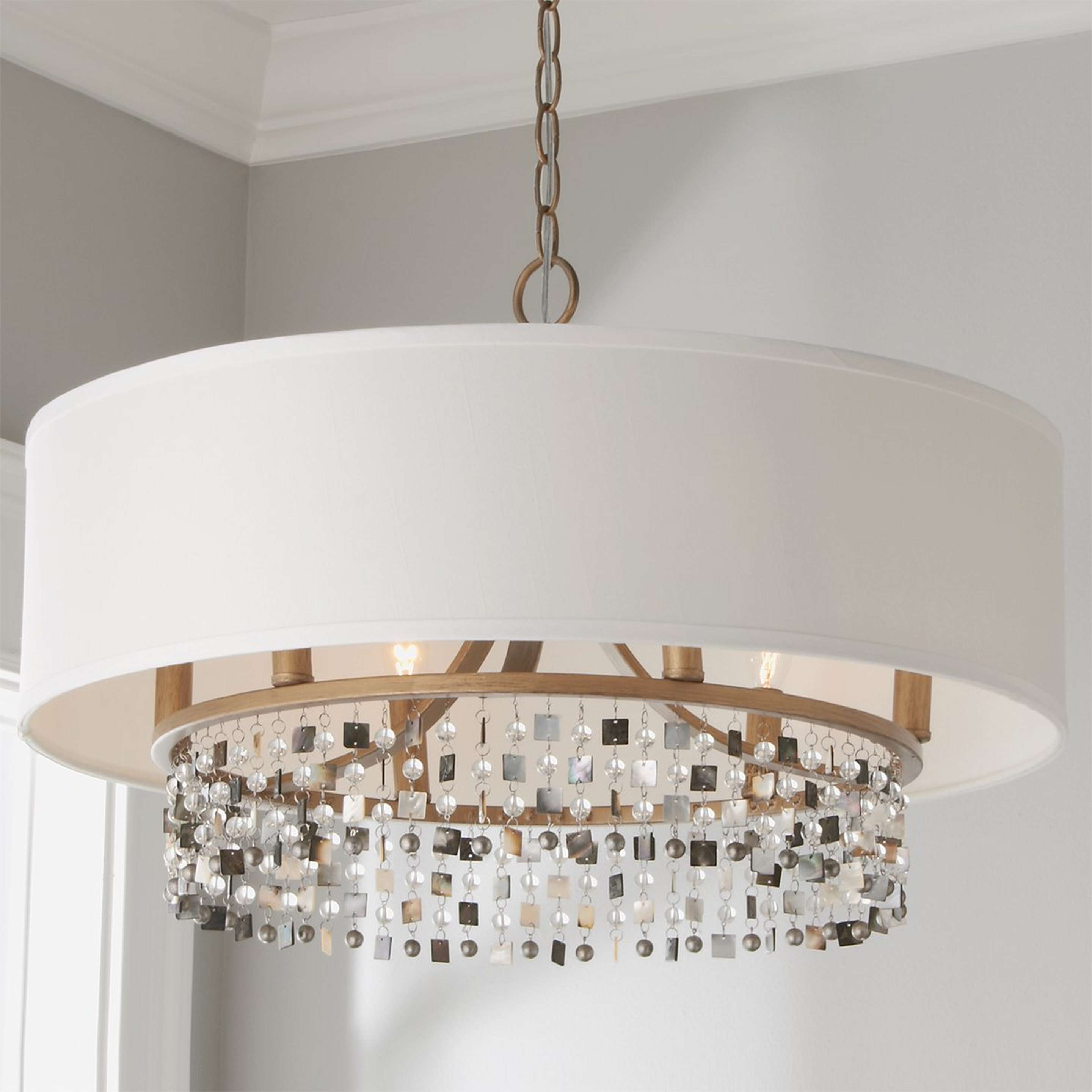 A Shell and Crystal Convertible Drum Shade Chandelier with Aged Gold / White color
