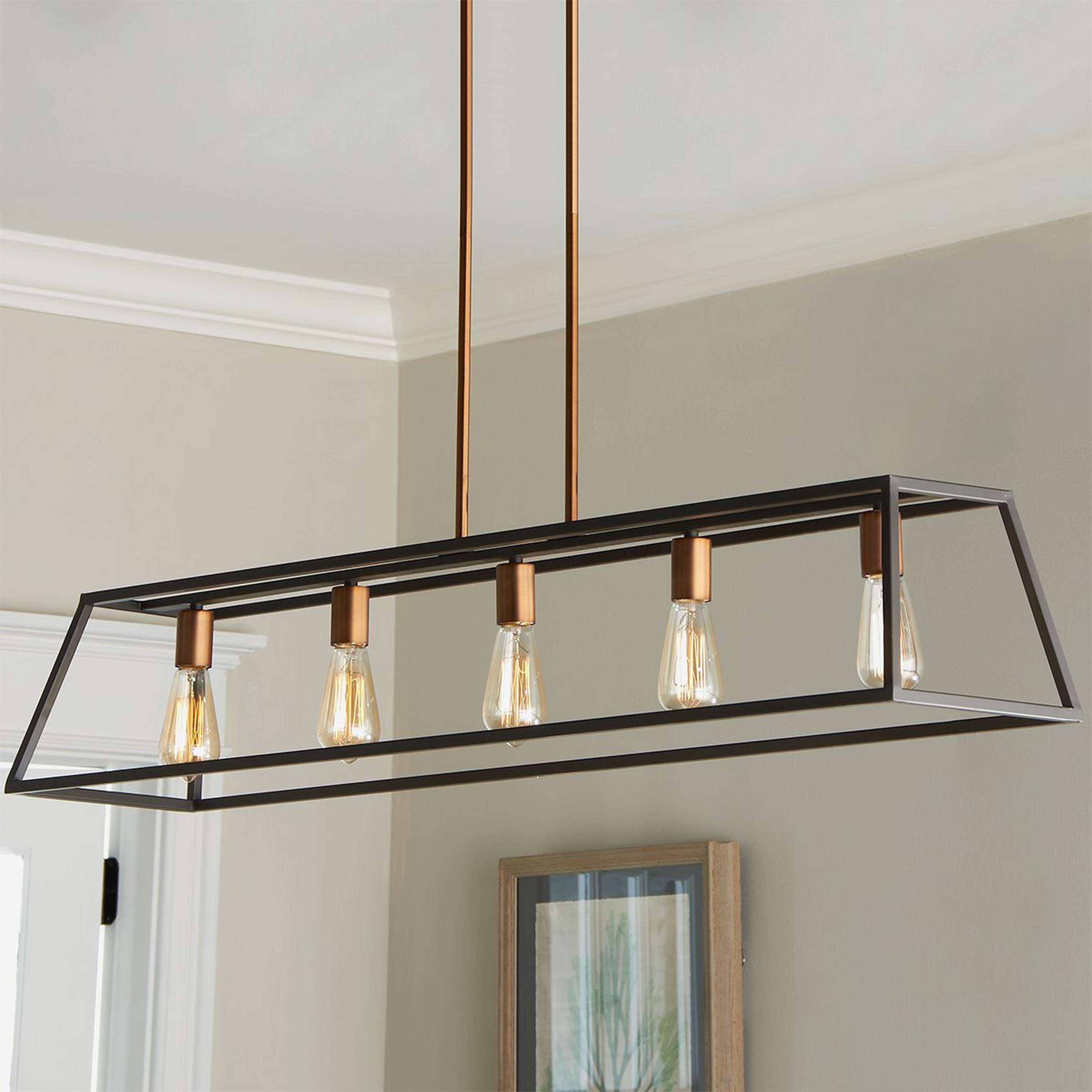 A Sleek Minimalist Island Chandelier - 5 Light with Brushed Dark Copper / Bronze color