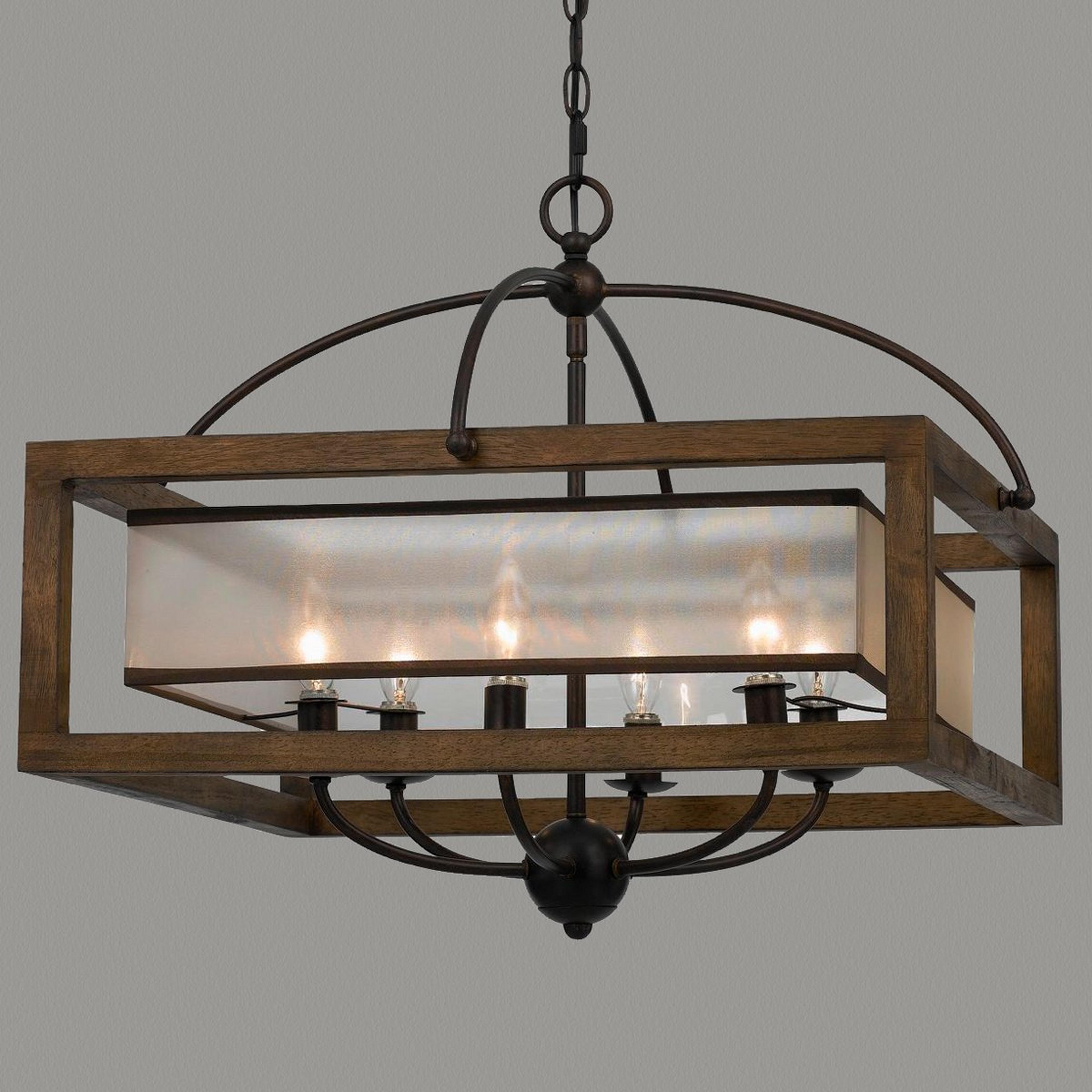 A Square Wood Frame and Sheer Shade Chandelier with Bronze / Natural / Champagne color