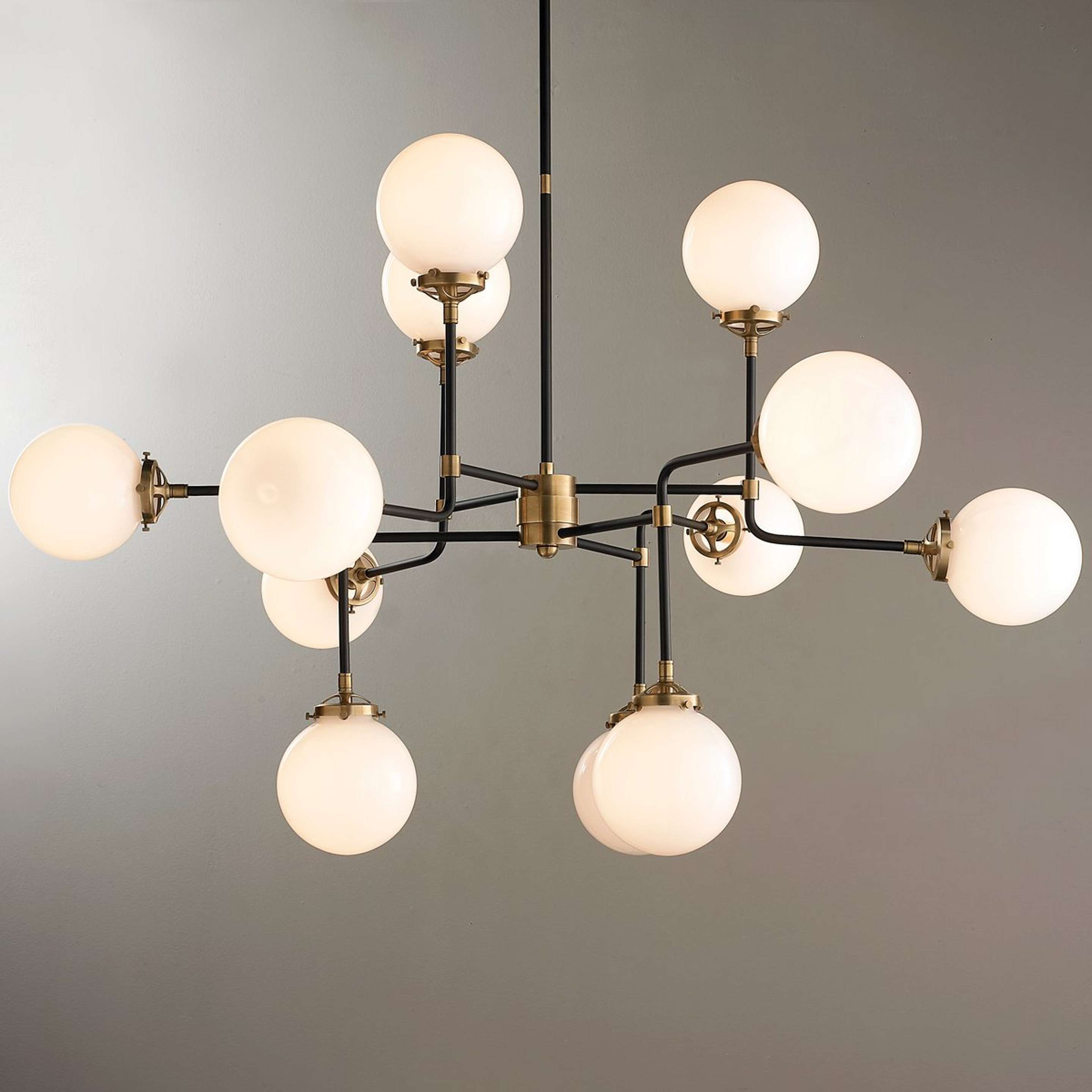 A Mid-Century Parlor Chandelier with Antique Brass / Black / White Glass color